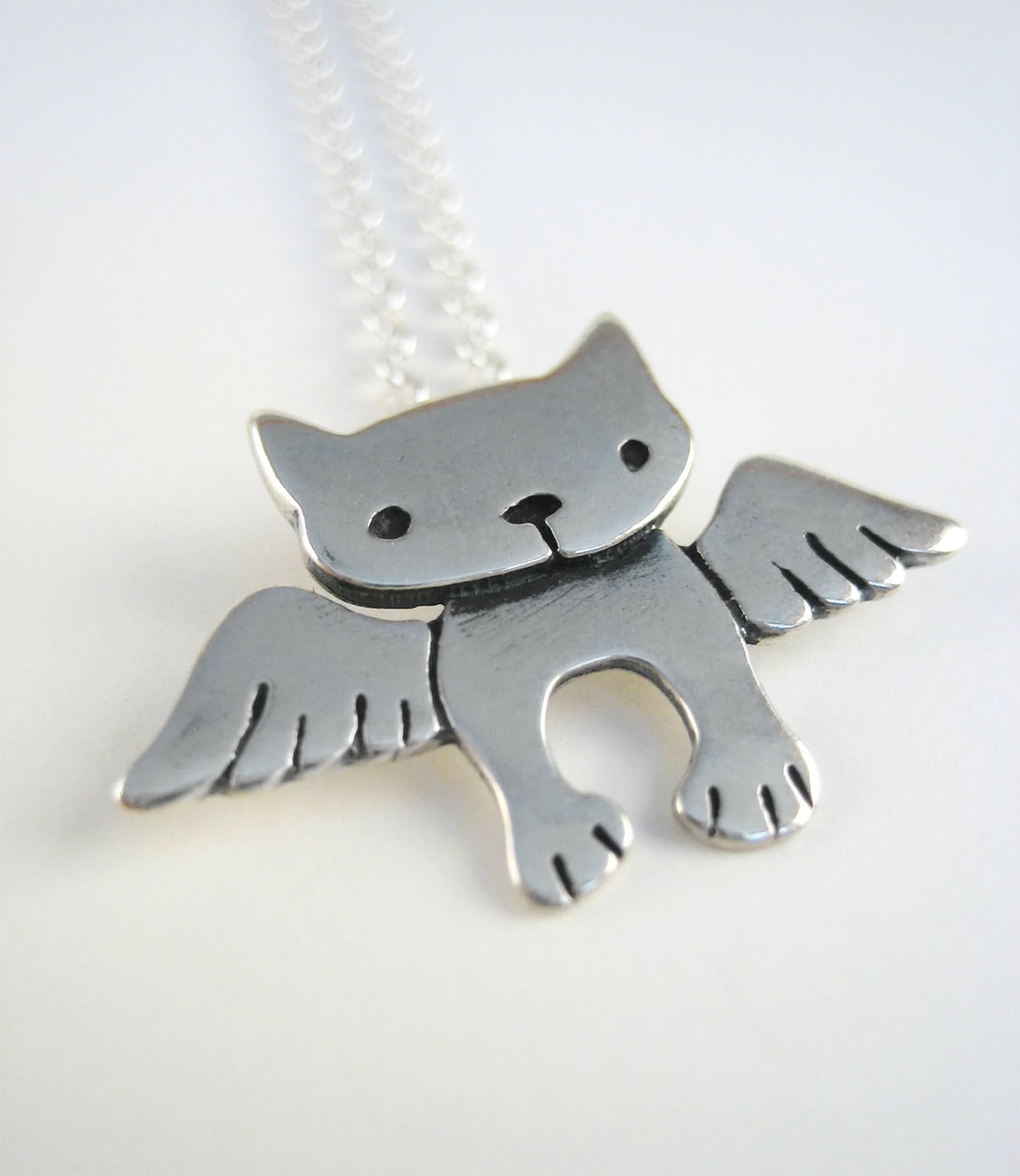 Sterling Silver Angel Cat Charm Necklace on Adjustable Chain
