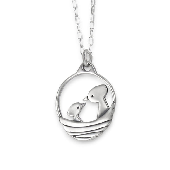 Sterling Silver Bird Nest Charm - Mama Bird and Baby Bird Necklace on Adjustable Chain