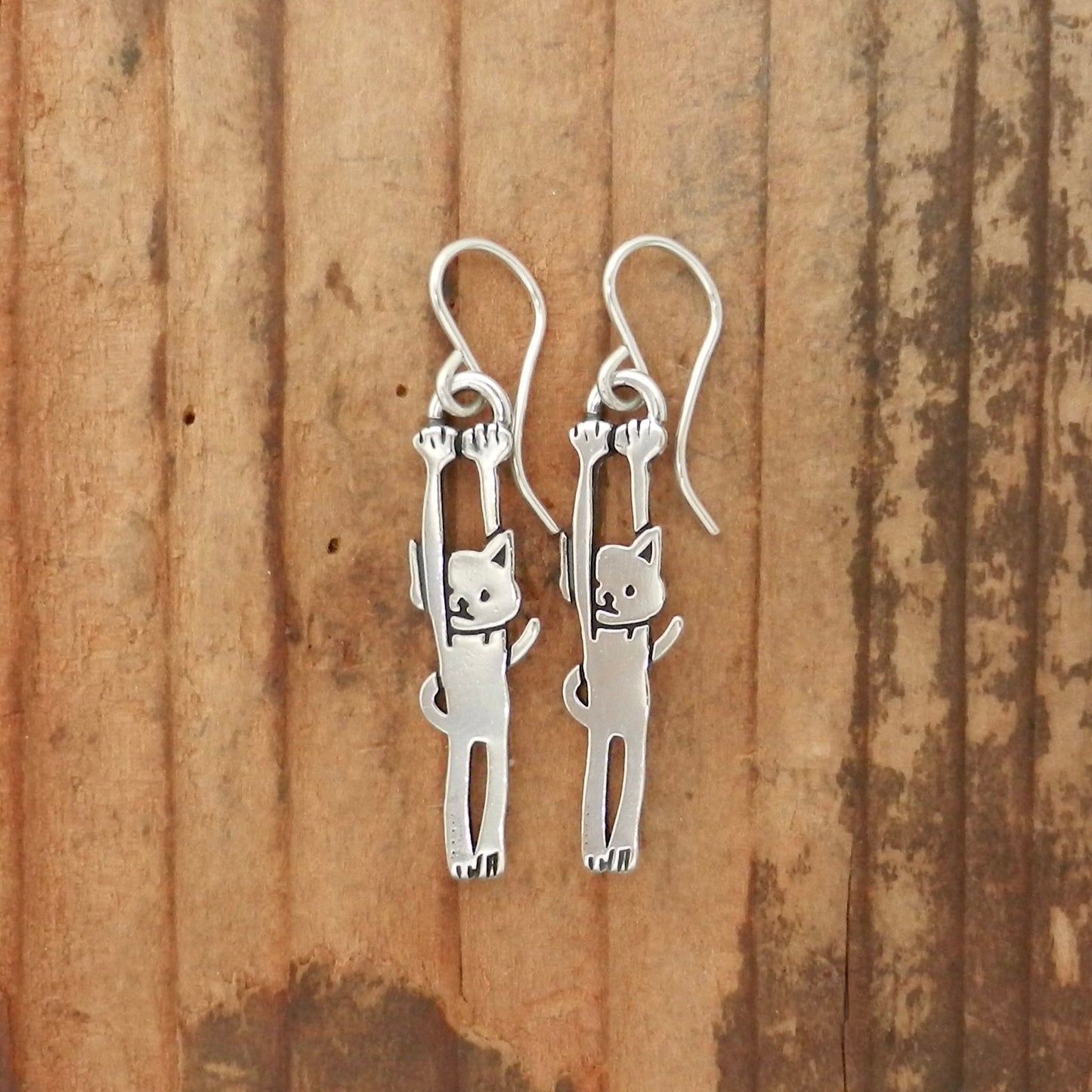 Sterling Silver Hang In There Charm Earrings- Cat Jewelry - Dangling Cat on Dangle .925 Ear Wires