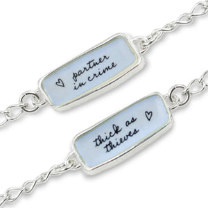 Sterling Reversible "partner in crime" or "thick as thieves" Bracelet on Adjustable Chain - Gifts Celebrating Bridesmaids and Friendship