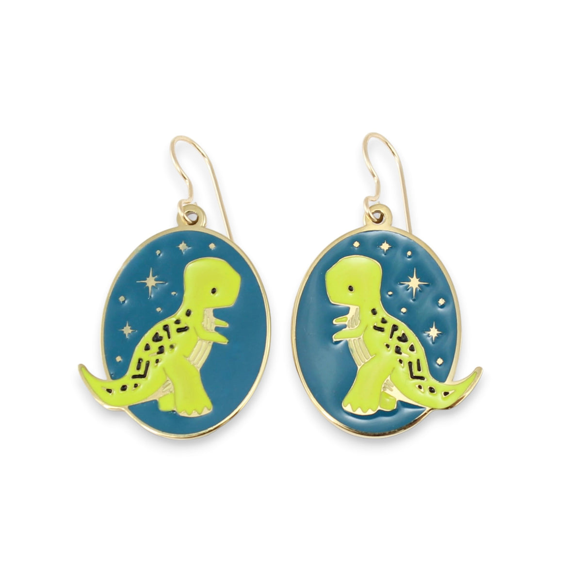 Gold Dinosaur Dangle Earrings Tyrannosaurus Rex at Night Adorable