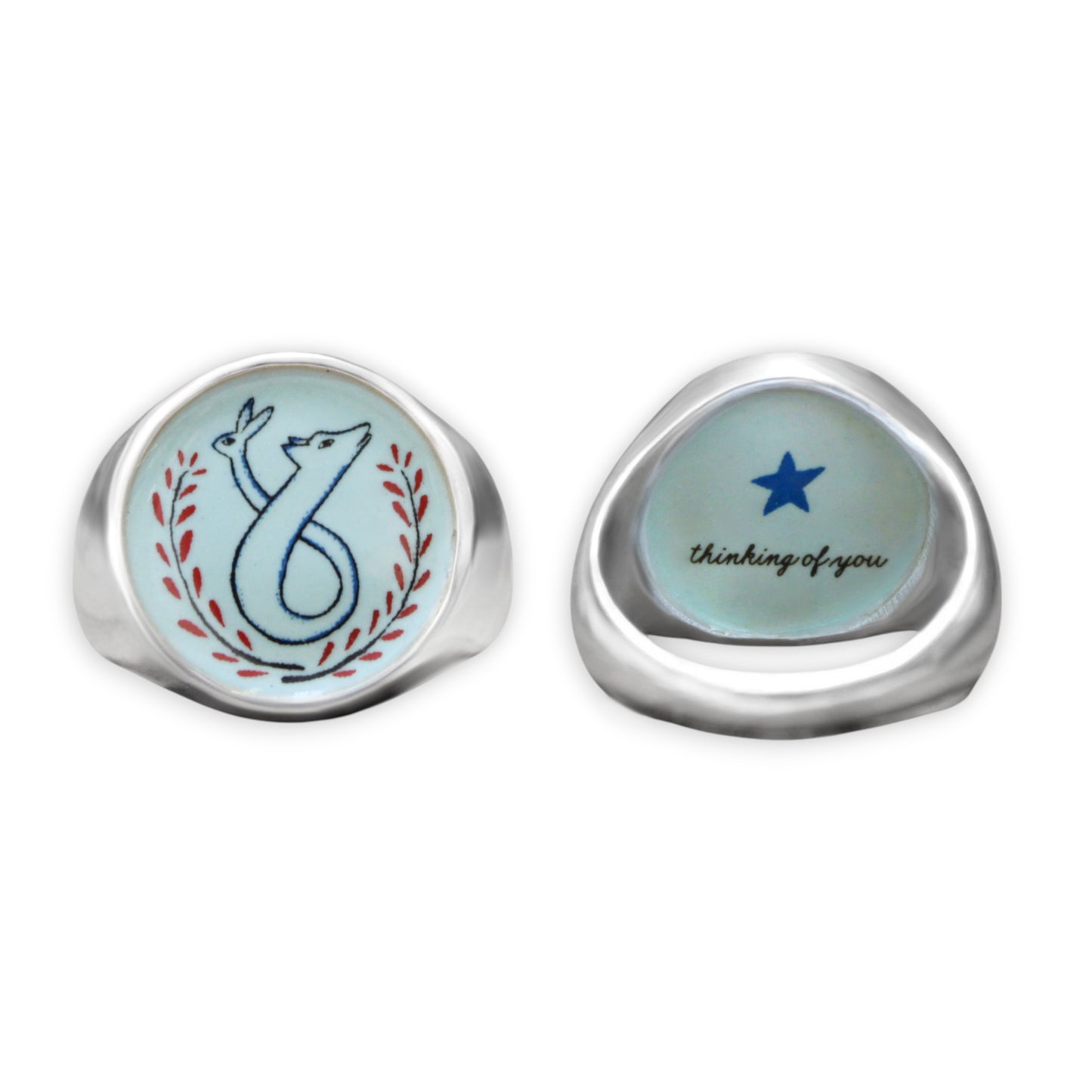 The Chase - Unisex Signet Ring- Vitreous Enamel and Sterling Silver Wolf and Rabbit Jewelry sizes 5 through