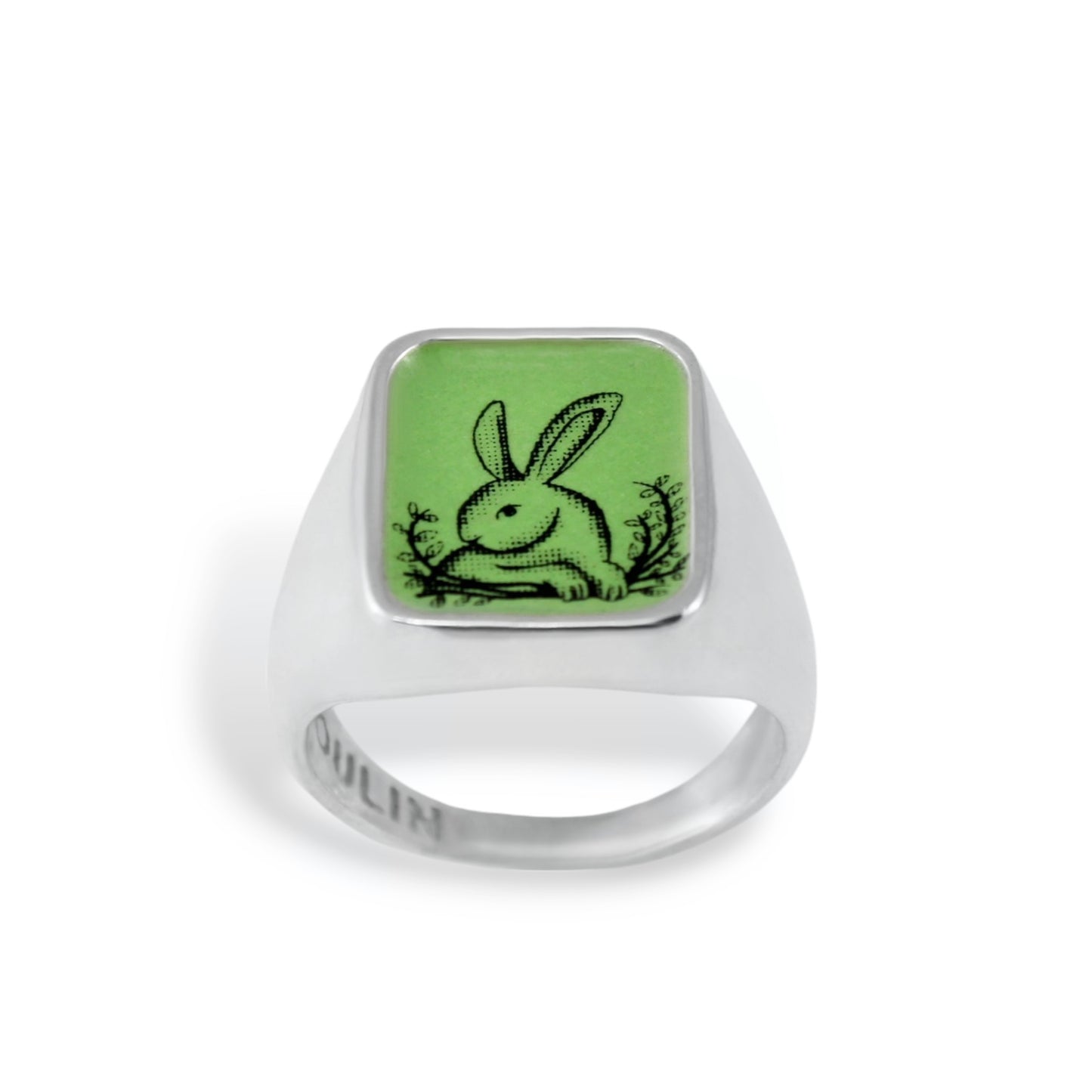 Mens Signet Ring - Vintage Bunny Ring - Vitreous Enamel and Sterling Silver Rabbit Gift Jewelry sizes 5 through 12