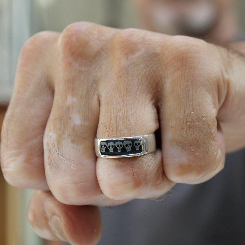 Skull Band Ring - Sterling Silver and Enamel Ring for Men and Women