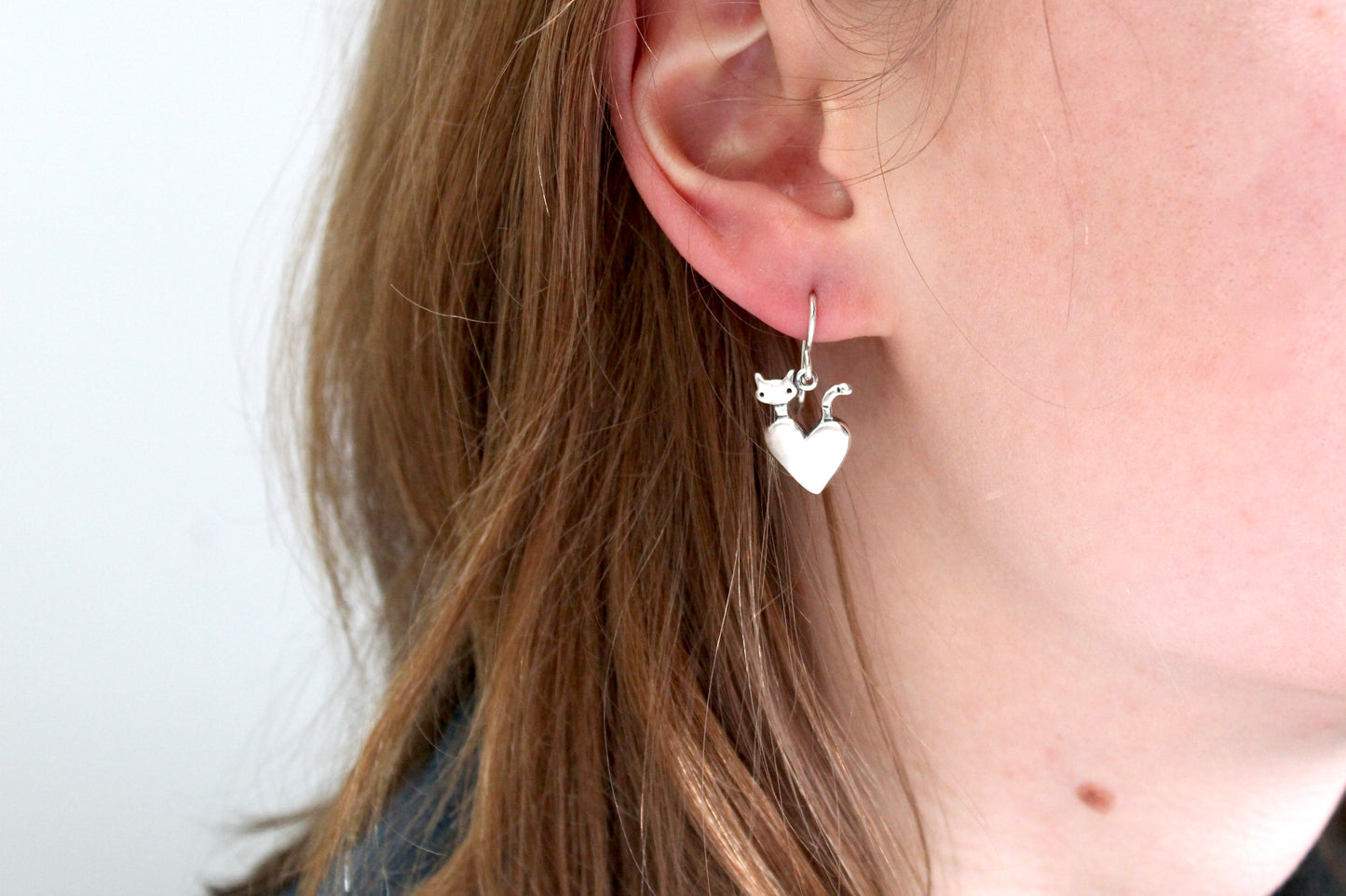 Gold Pocket Cat Charm Earrings - Gold Dipped Sterling Silver Cat and Heart Dangle Earrings