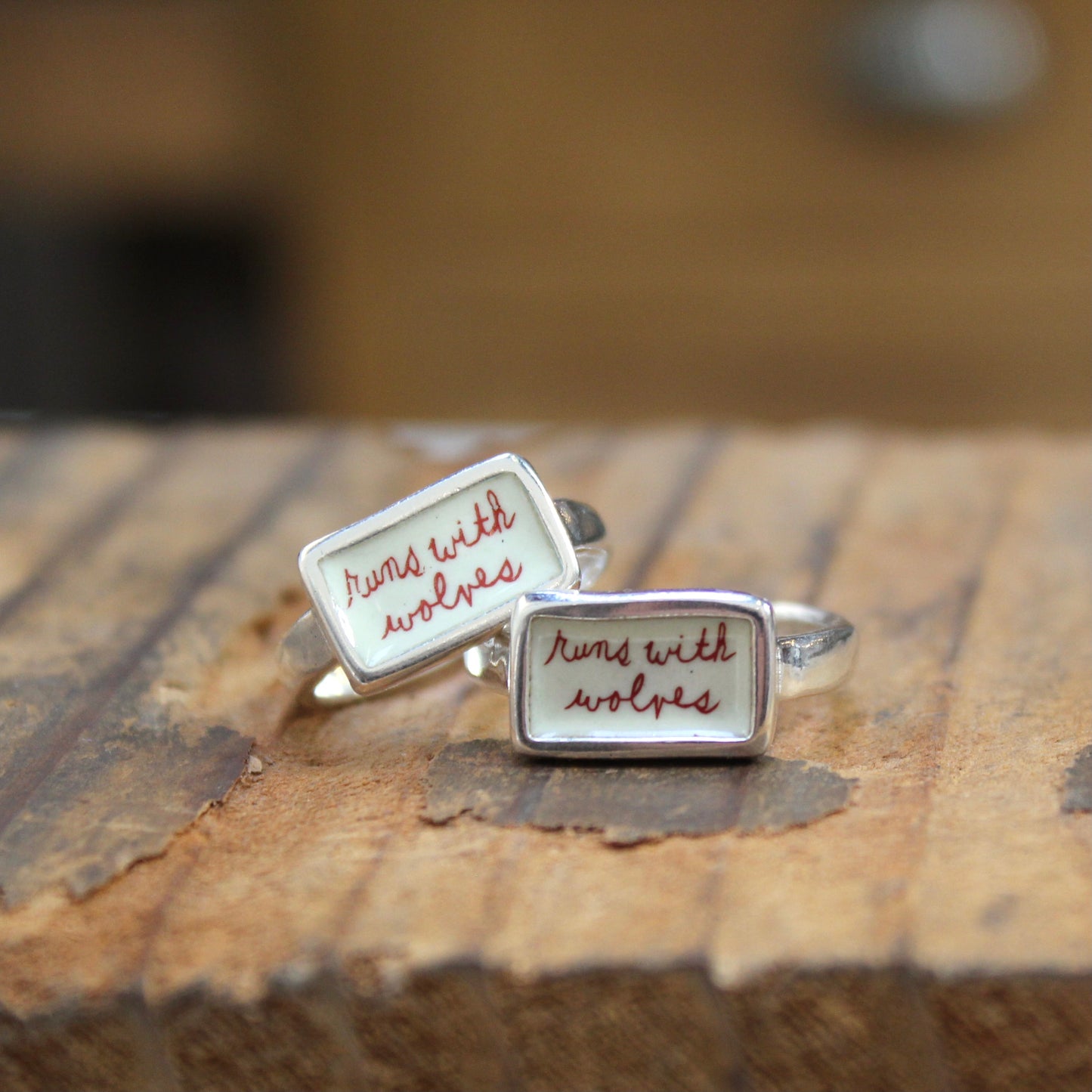 Sterling Silver and Enamel Runs With Wolves Ring - Script Hand Writing Ring for Men and Women - Free Spirited - Wild Heart