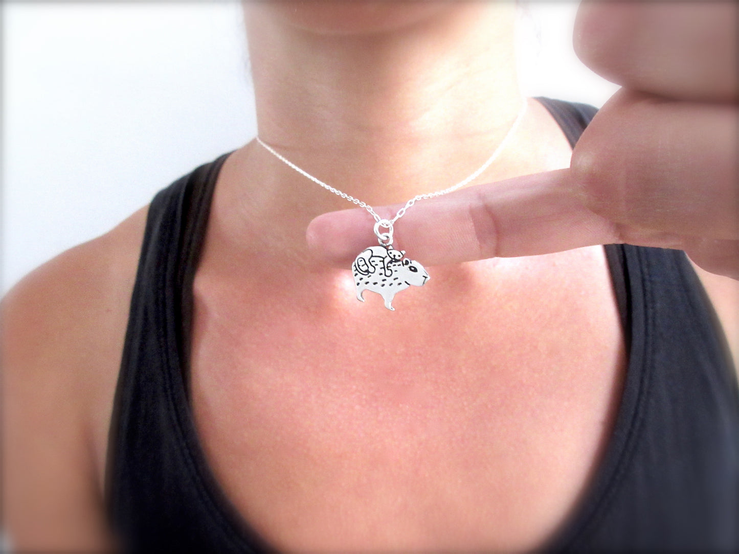 Sterling Silver Mother Daughter Cat and Capybara Necklace Set for Two