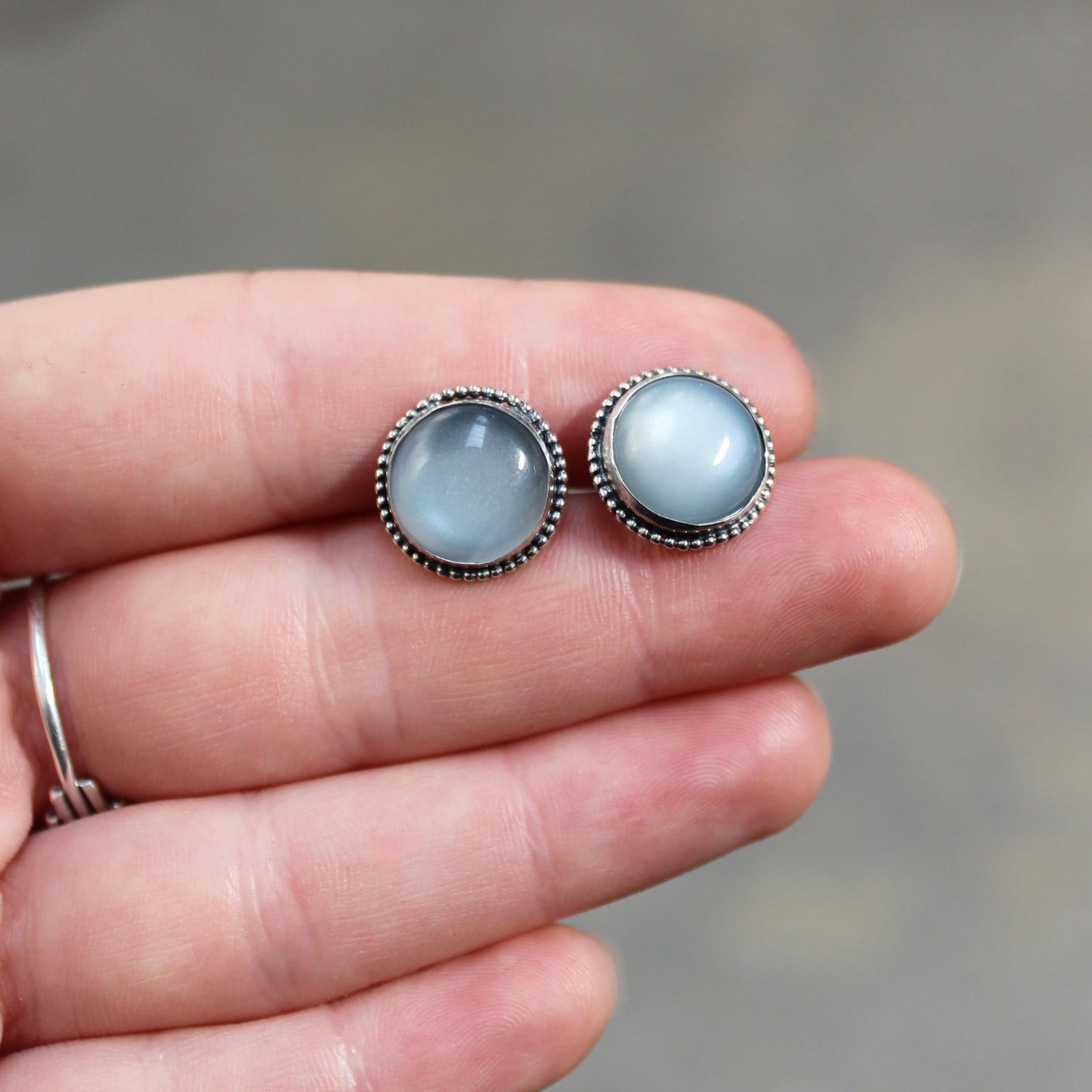 Sterling Silver and Grey-White Moonstone Post Earrings