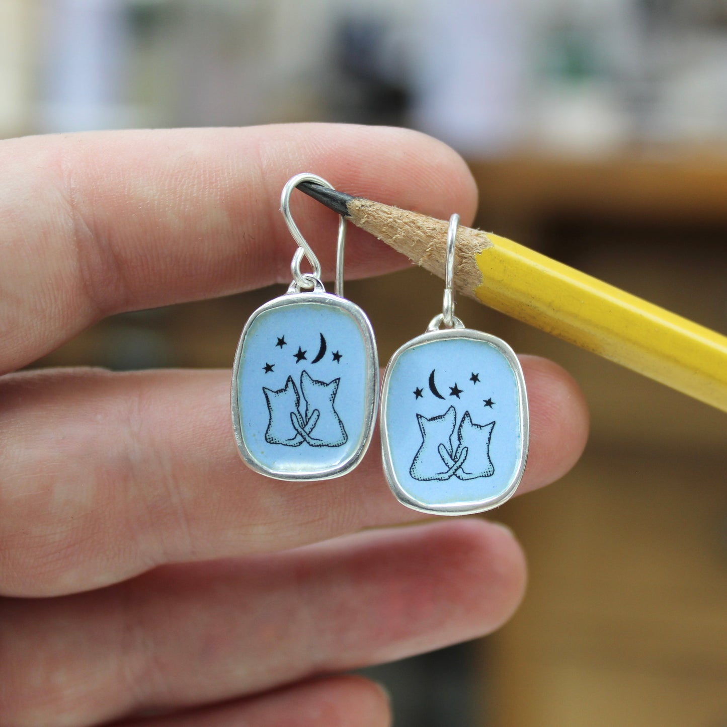 Blue Night Cat Earrings - Two Star Gazing Cats with the Stars and Moon