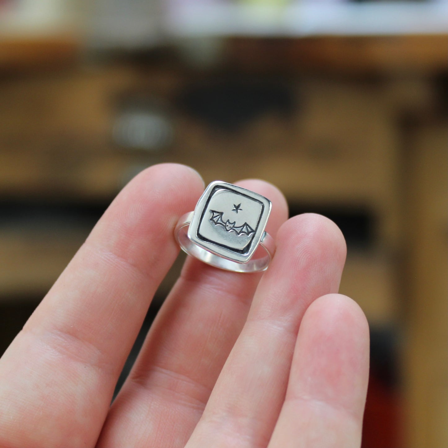 Bat Ring - Sterling Silver Spooky Sketch Charm Ring by Mark Poulin