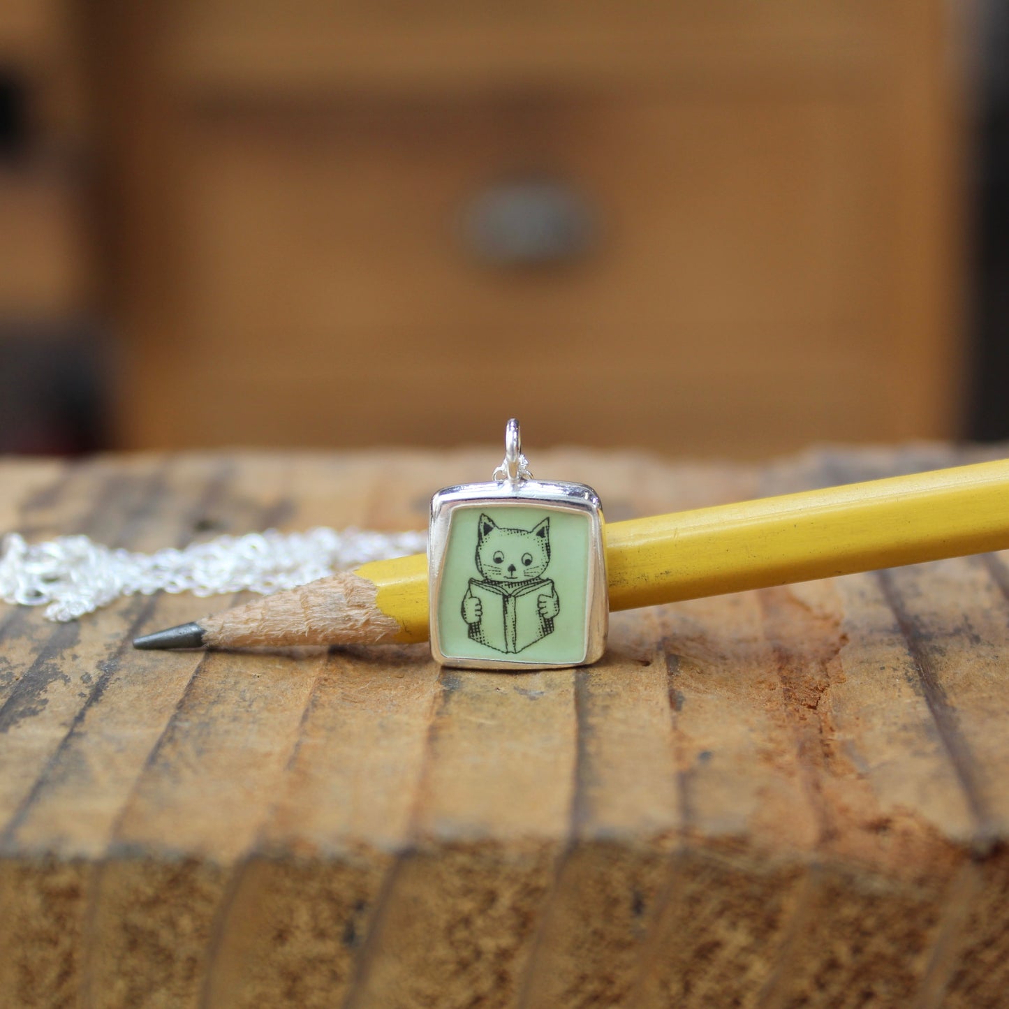 Reversible Book Cat Necklace - Sterling Silver and Enamel Pendant on Adjustable Chain - Cat People and Book Worms!