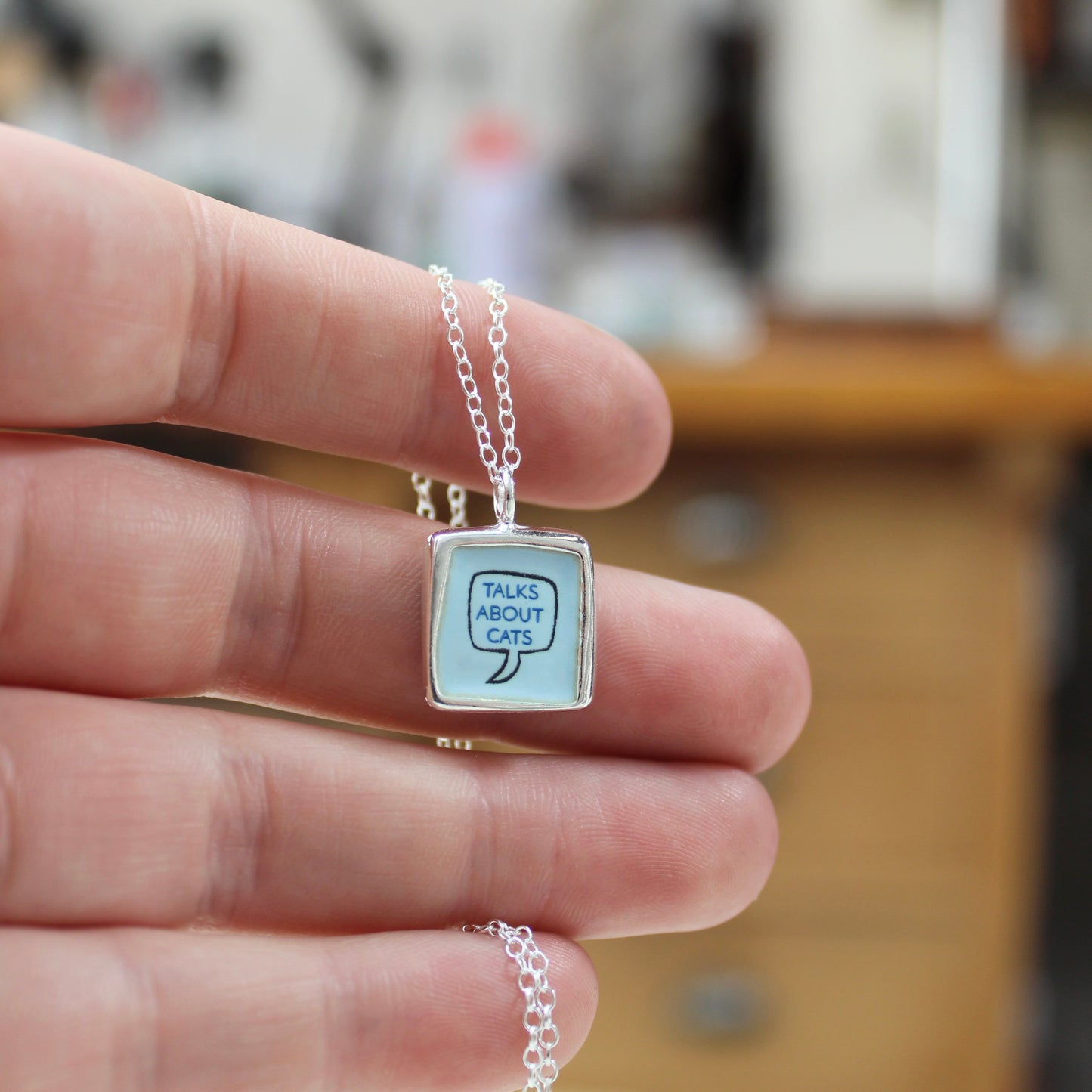 Talks About Cats! Reversible Necklace - Sterling Silver and Enamel Cat Pendant on an Adjustable Chain - Adorable Necklace for Cat People