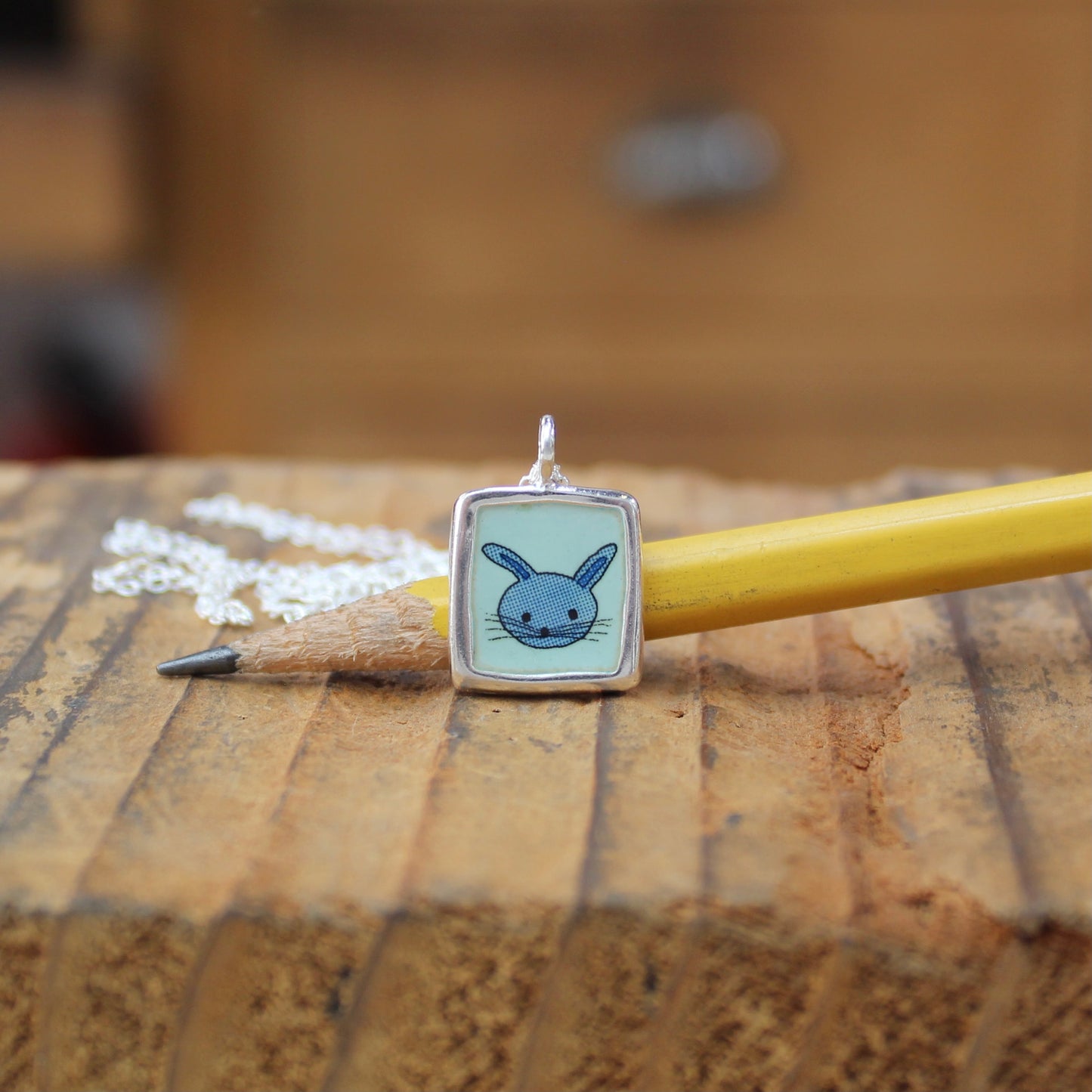 Adorable Blue Bunny Necklace - Sterling Silver and Enamel Pendant on Adjustable Chain