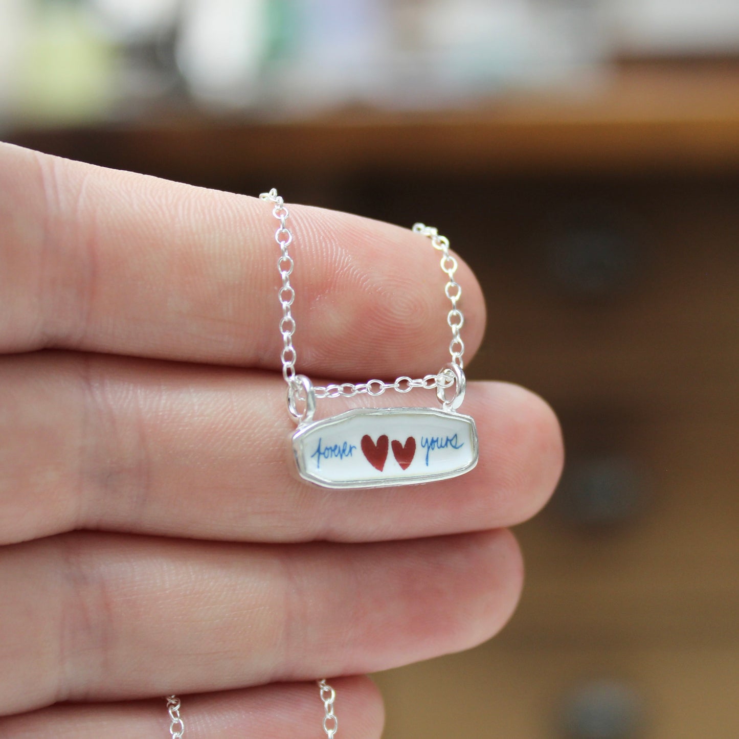 Romantic Reversible Soulmate Necklace - Sterling Silver and Enamel Pendant on an Adjustable Chain - Forever Yours