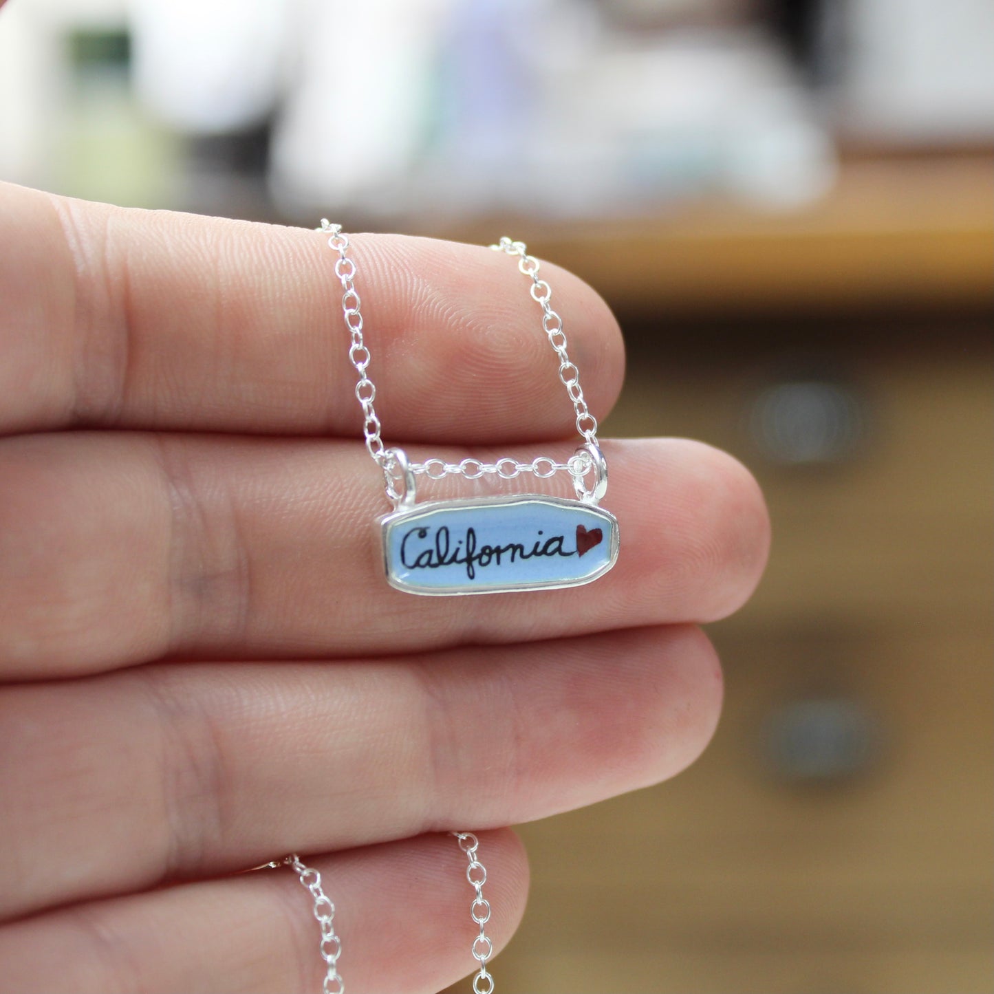 California Reversible Necklace - Sterling Silver and Enamel Cali pendant on an Adjustable Chain - We Love CA!