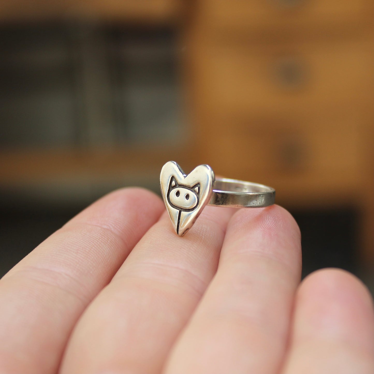 Sterling Silver Stick Kitty Charm Ring - Heart Shaped Cat Ring - Jewelry for Cat People