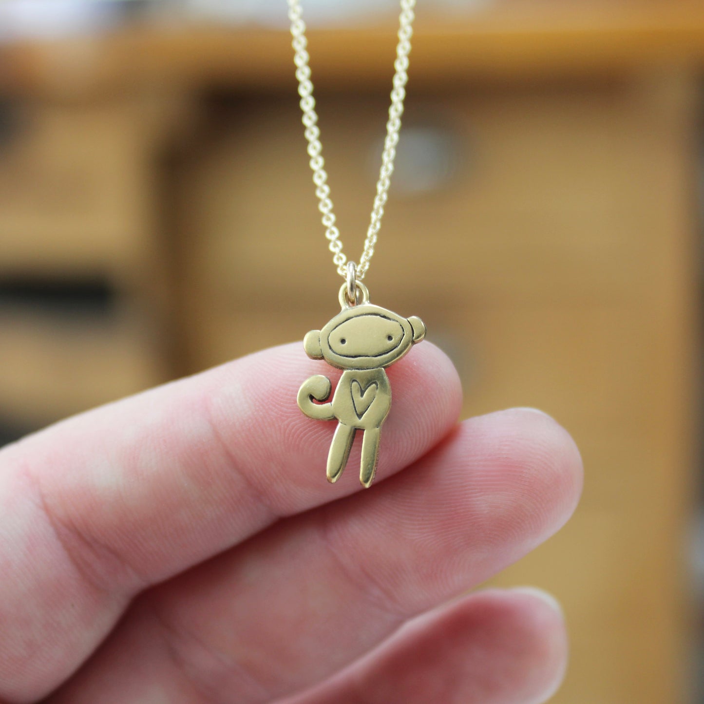 Adorable Gold Sock Monkey Necklace - Sterling Silver Monkey Charm Dipped in Gold on Gold Filled Chain - Delightfully Unique!