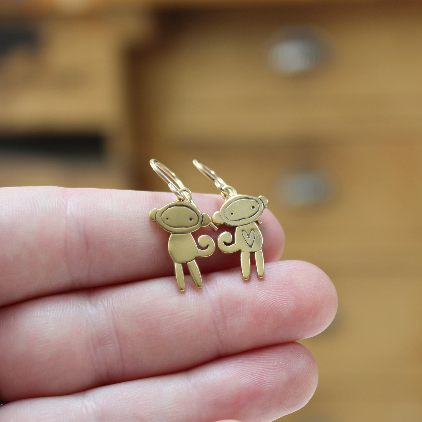 Gold Sock Monkey Earrings - Sterling Silver Monkey Charms Dipped in Gold on Gold Filled Ear Wires - Playful and Unique!