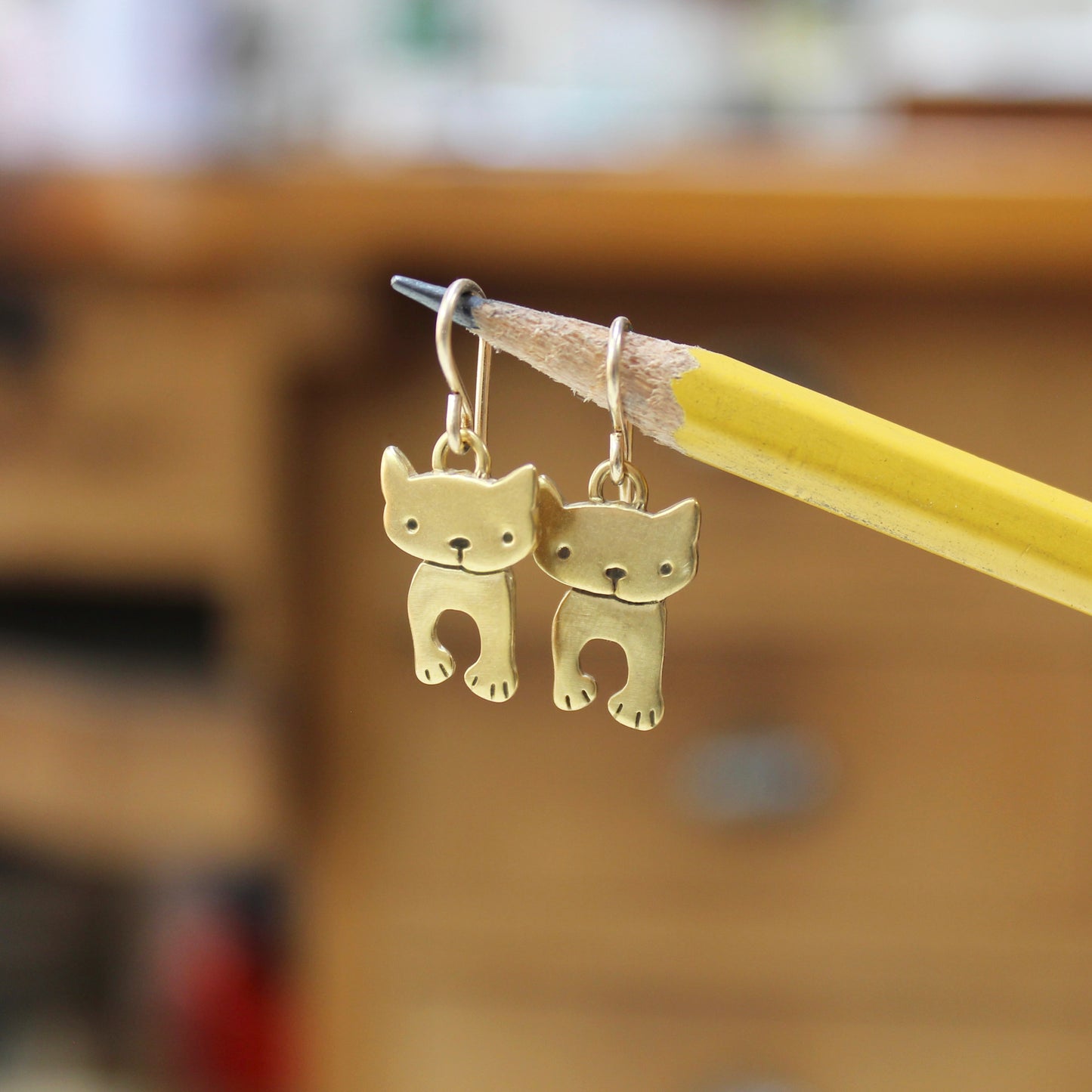 Gold Dancing Cat Earrings - Sterling Silver Cat Charms Dipped in Gold on Gold Filled French Hook Ear Wires - Cute and Playful!