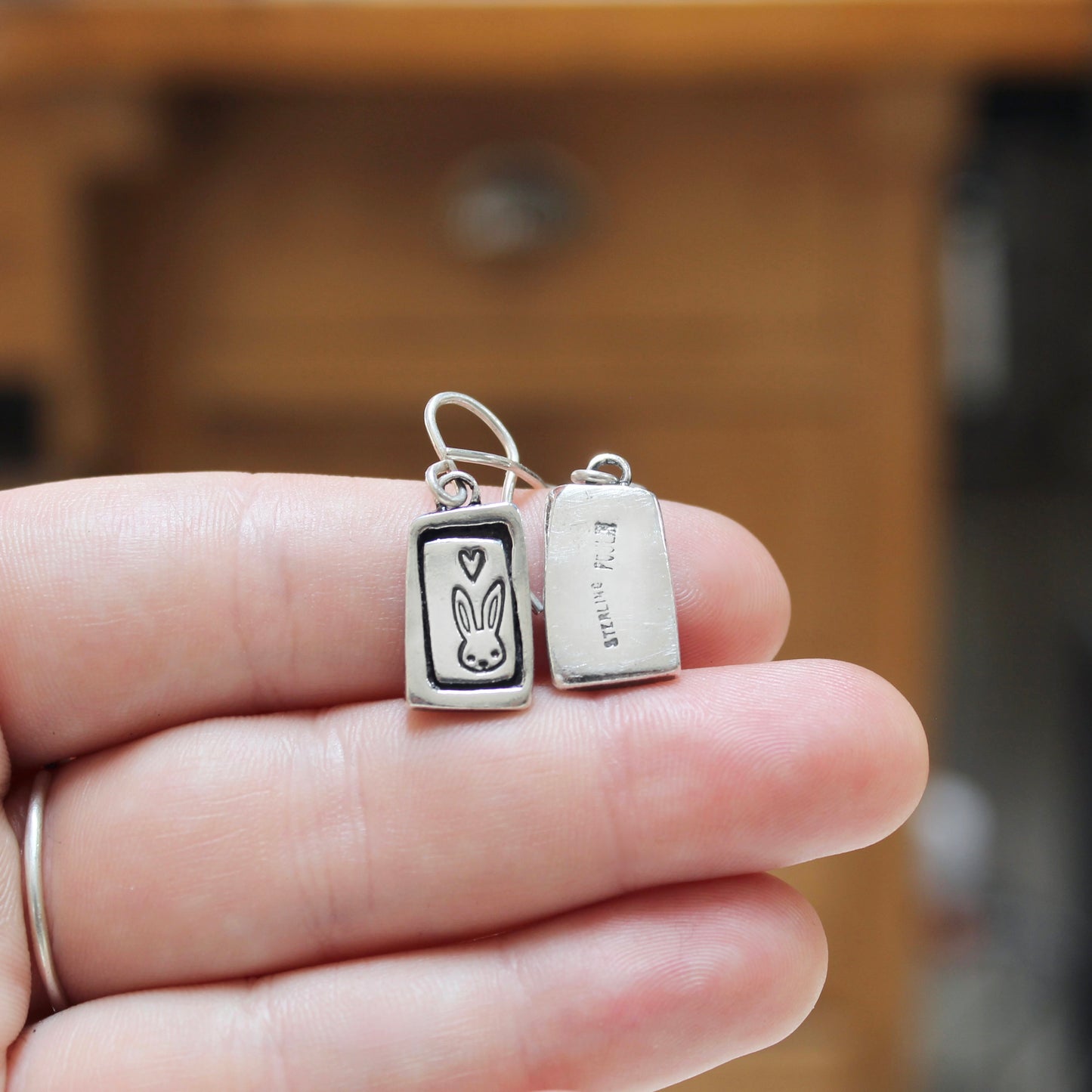 Bunny Charm Earrings - Sterling Silver Earrings on .925 French Hook Ear Wires - Bunny and Heart Earrings