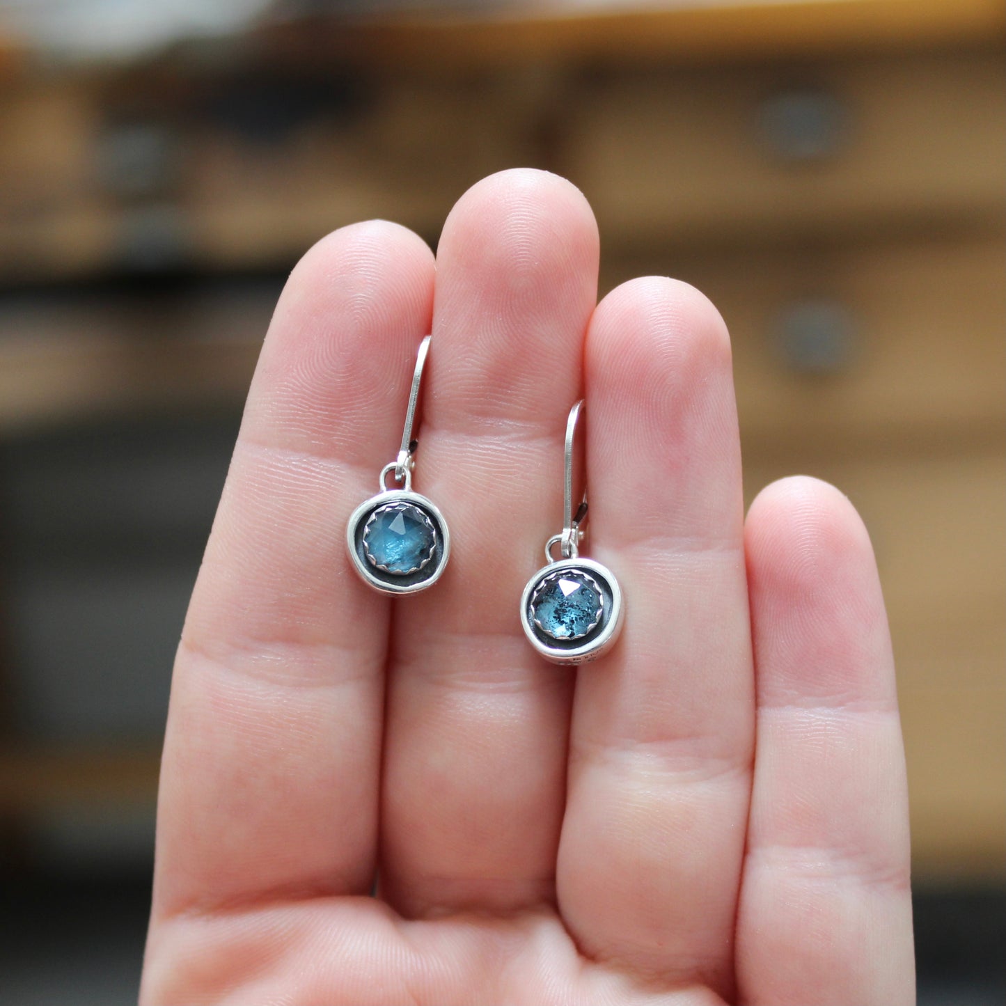 Rose Cut Kyanite Earrings - Sterling Silver Dangle Earrings with Lever Back Ear Wires