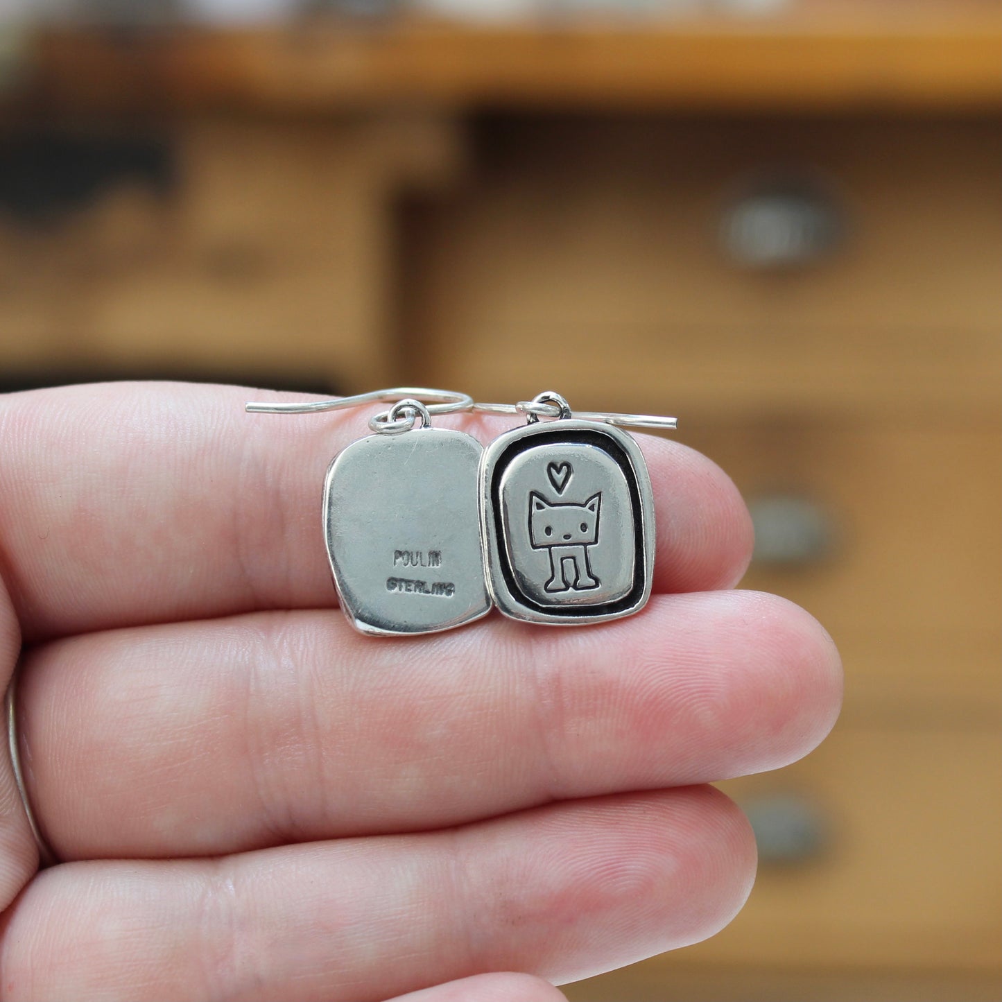 Framed Cat Portrait Charm Earrings - Sterling Silver Cat Charms On .925 French Hook Ear Wires - Gifts For Cat People!