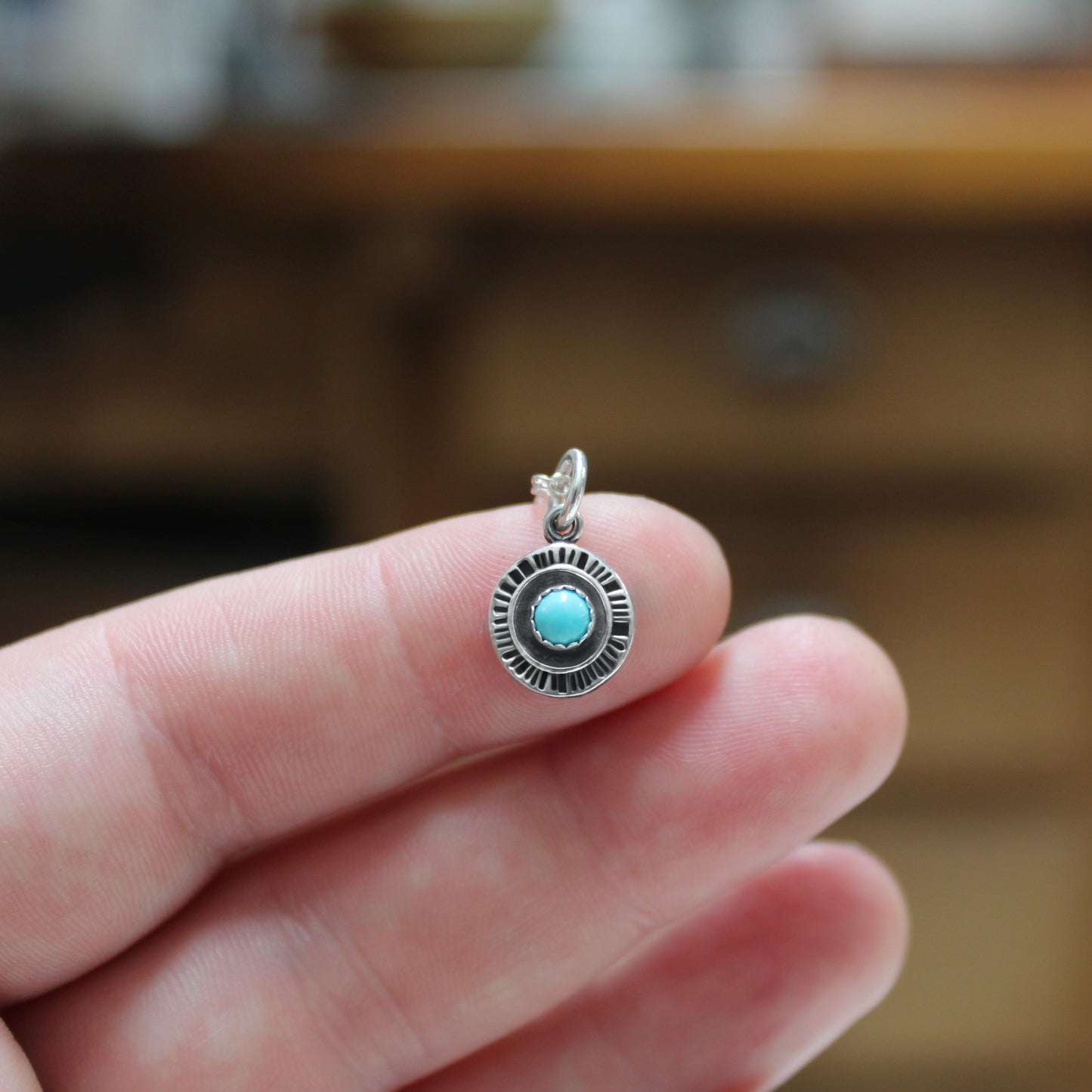 Tiny Sterling Silver and Blue Turquoise Pendant in a Starburst Setting on Adjustable Chain- Itsy Bitsy