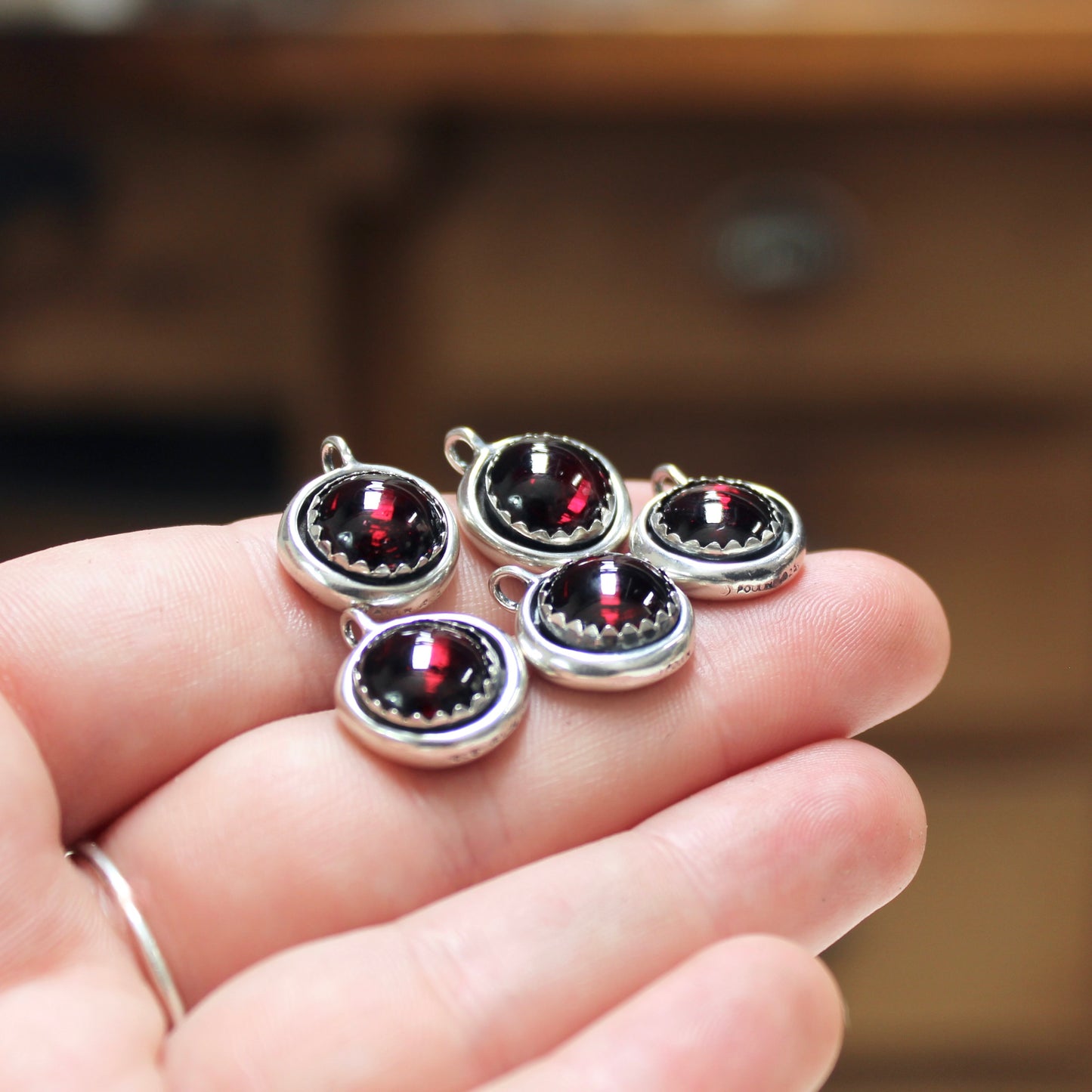 Garnet Pendant - 8mm Rustic Gemstone Set in Sterling Silver.with Chain
