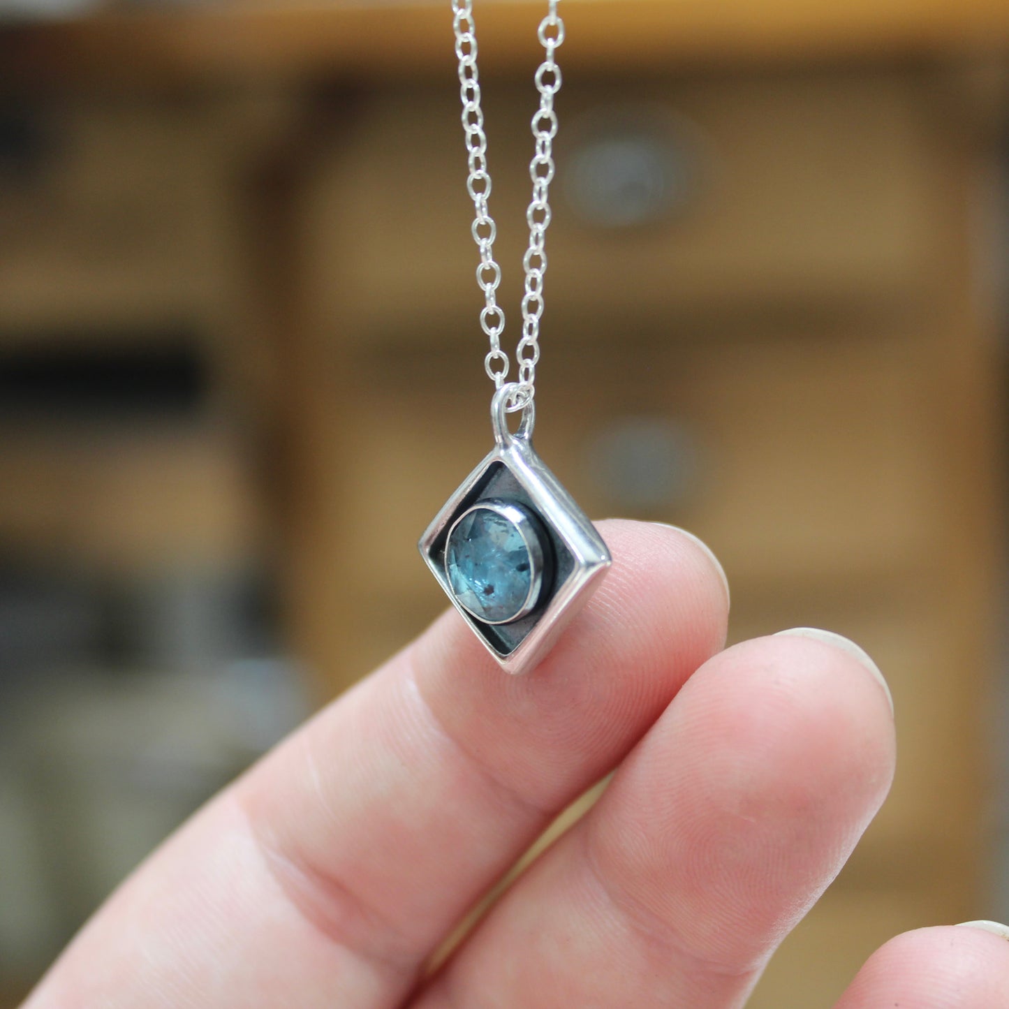 Blue Kyanite Pendant - Small Rose Cut Rustic Gemstone Set In Sterling Silver.with Chain