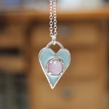 Sterling Silver Blue Enamel with Pink Kunzite Gemstone Heart Necklace - Heart Pendant with Prong Set Gemstone