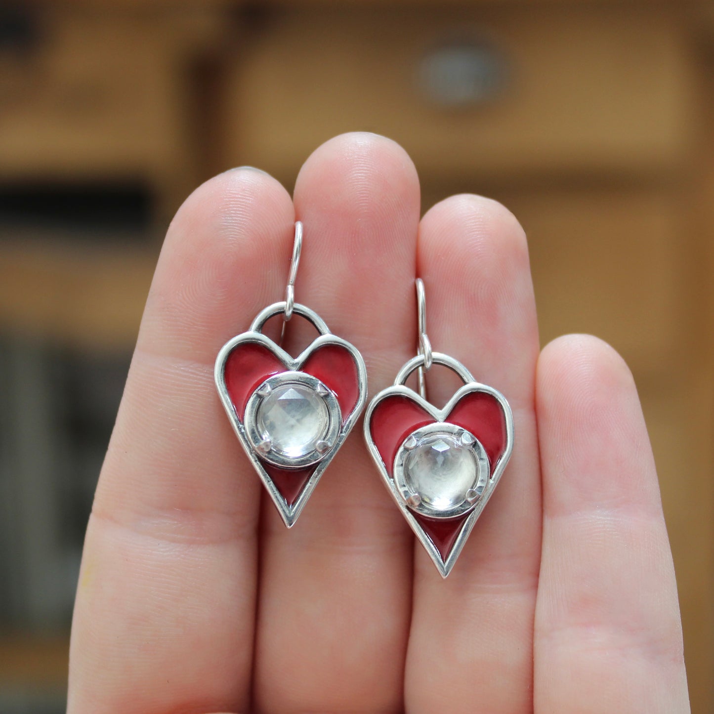 Sterling Silver Red Enamel with White Topaz Gemstone Heart Earrings - Dangling Heart Earrings