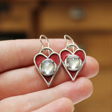 Sterling Silver Red Enamel with White Topaz Gemstone Heart Earrings - Dangling Heart Earrings