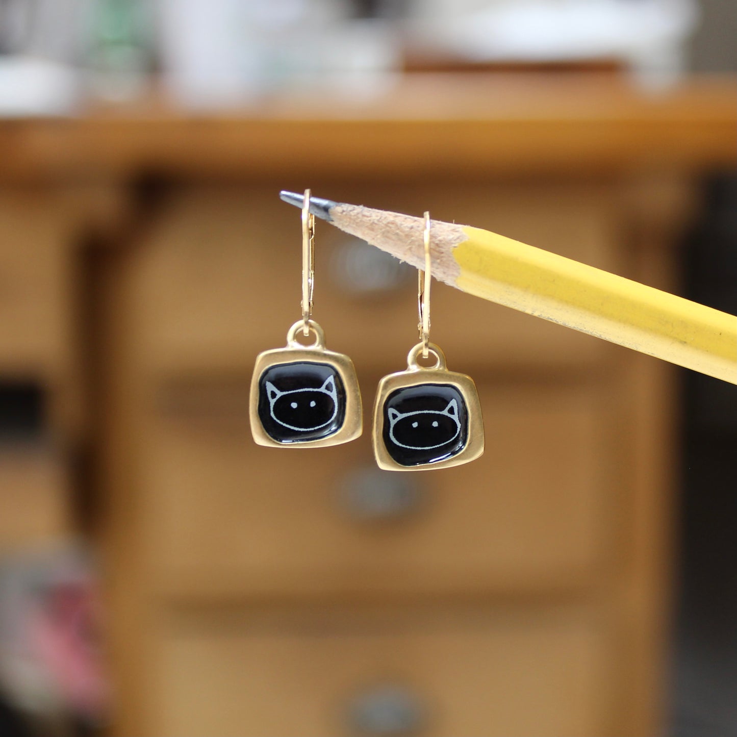 Tiny Gold Cat Earrings - Gold Dipped Sterling Silver Earrings on Gold Filled Lever Back Ear Wires - Cat Jewelry