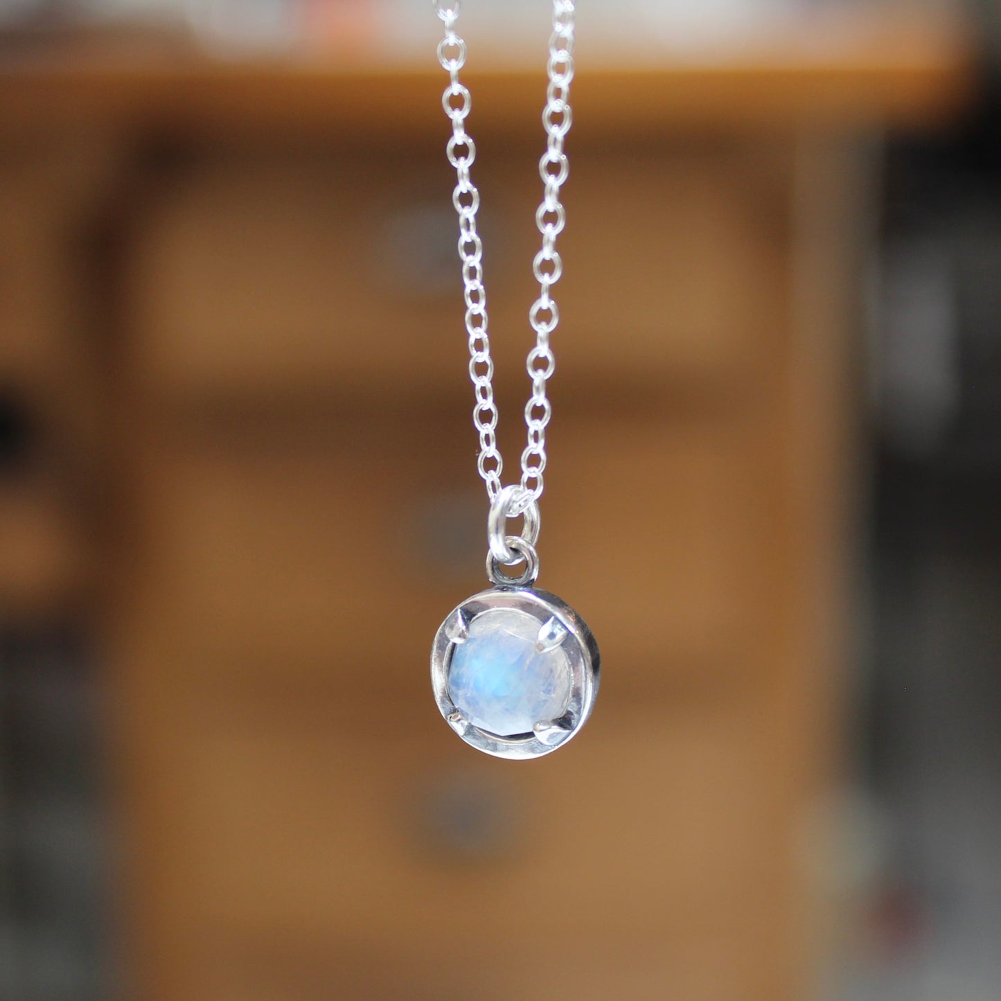 Sterling Silver Rose Cut Blue Moonstone Necklace - Tiny Prong Set Gemstone Pendant