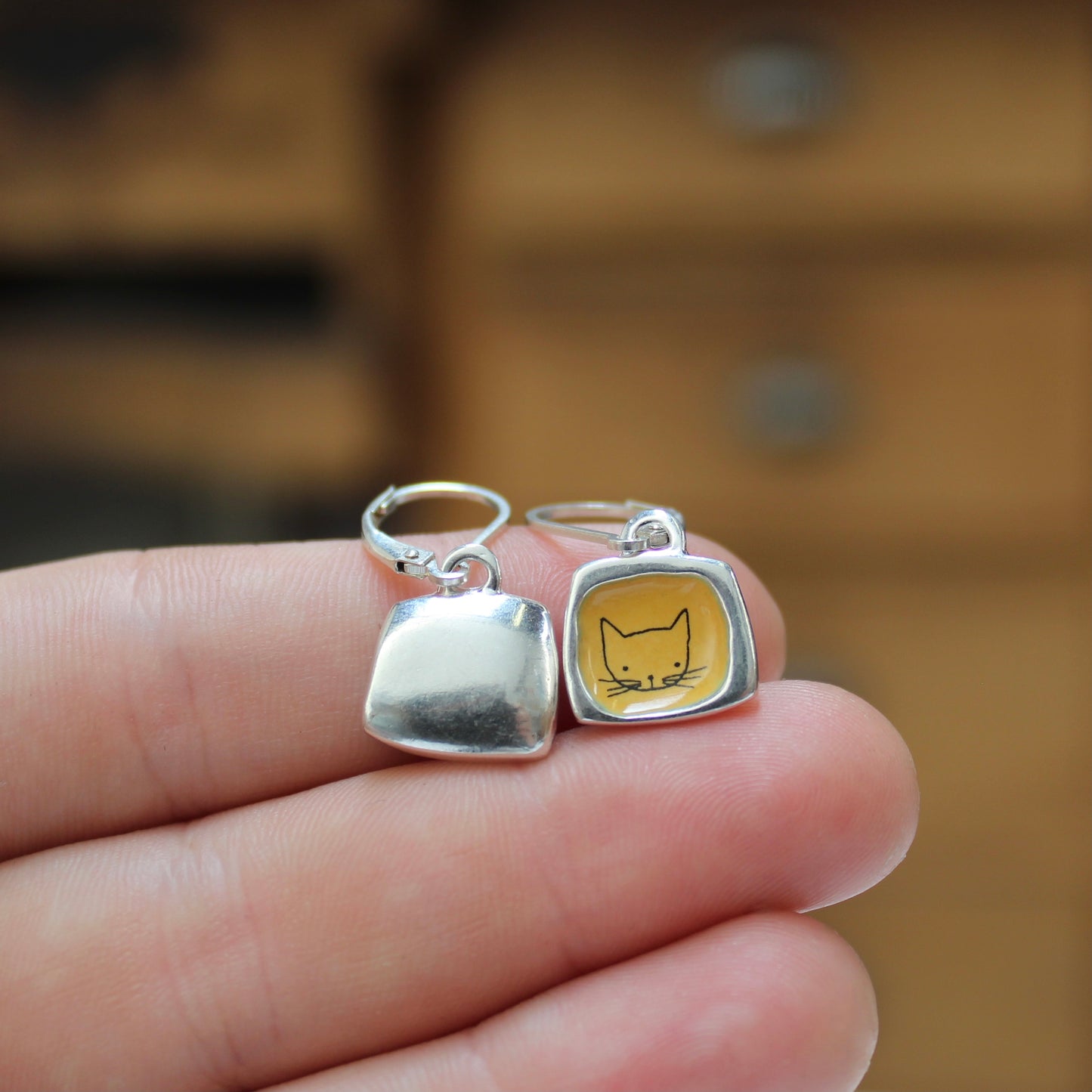 Sterling Silver Orange Cat Earrings - Adorable Cat Jewelry - Lever Back Ear Wires and Vitreous Enamel