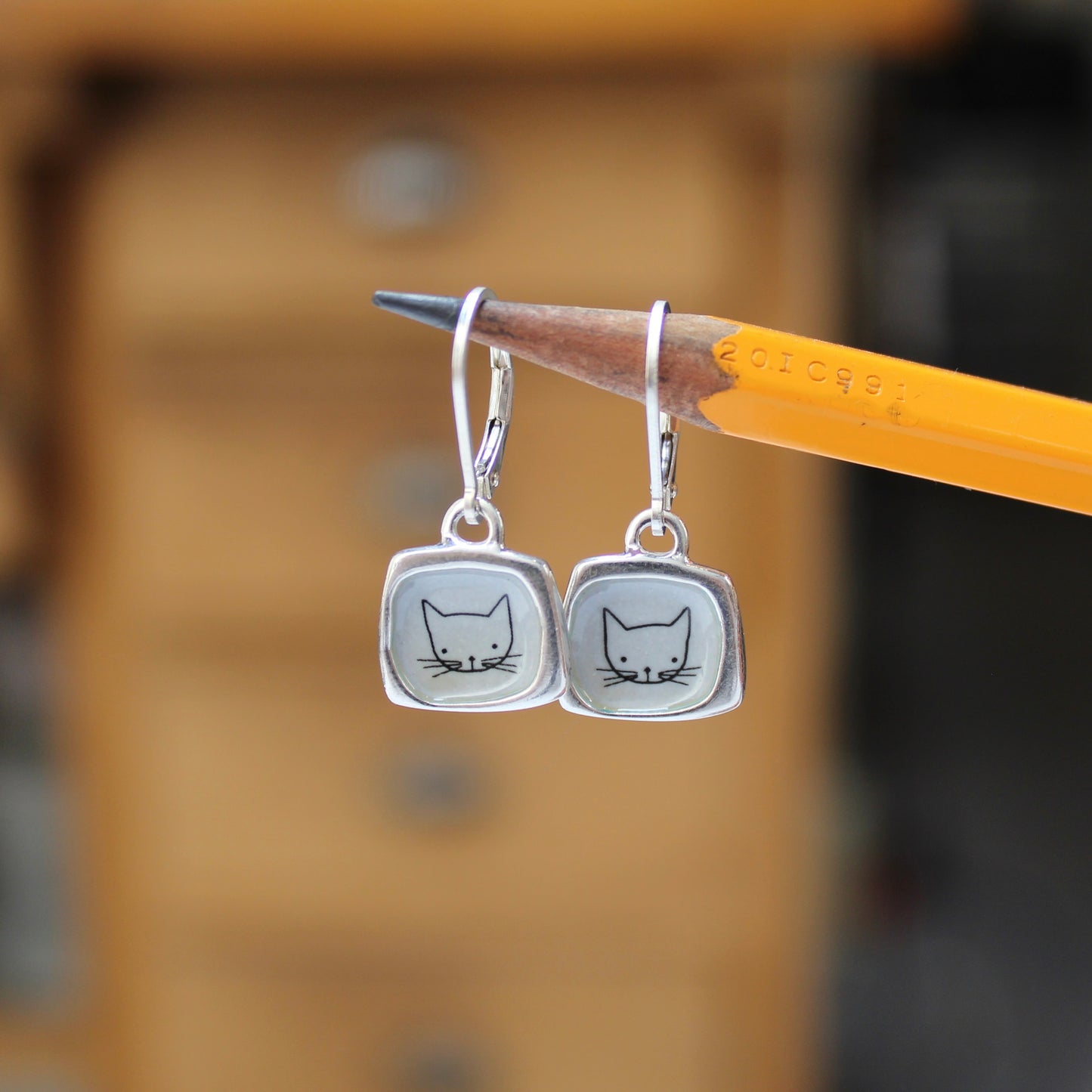 Sterling Silver Grey Cat Earrings - Adorable Cat Jewelry - Lever Back Ear Wires and Vitreous Enamel