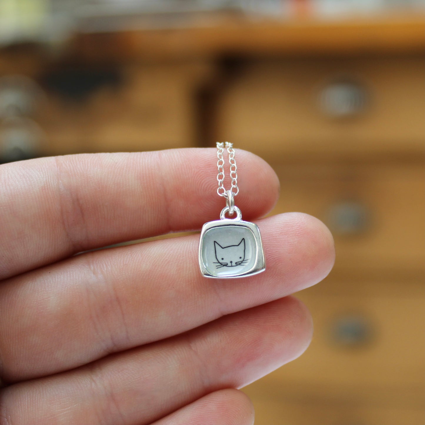 Teeny Tiny Enamel and Sterling Silver Grey Cat Necklace on Adjustable Serling Chain - Cat Jewelry