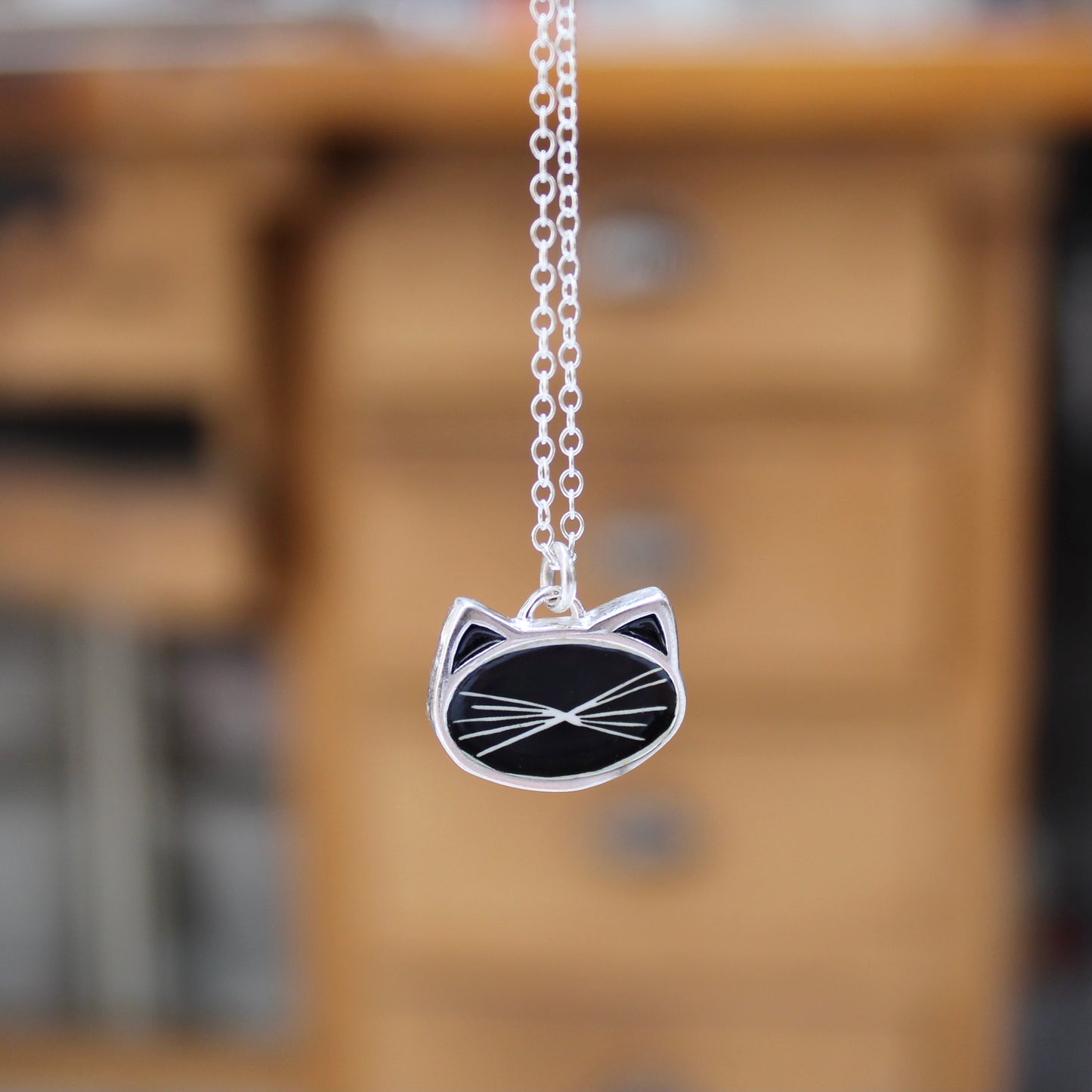 Black Cat White Cat Reversible Whiskers Pendant - Sterling Silver and Enamel - Cat Jewelry on Adjustable Chain