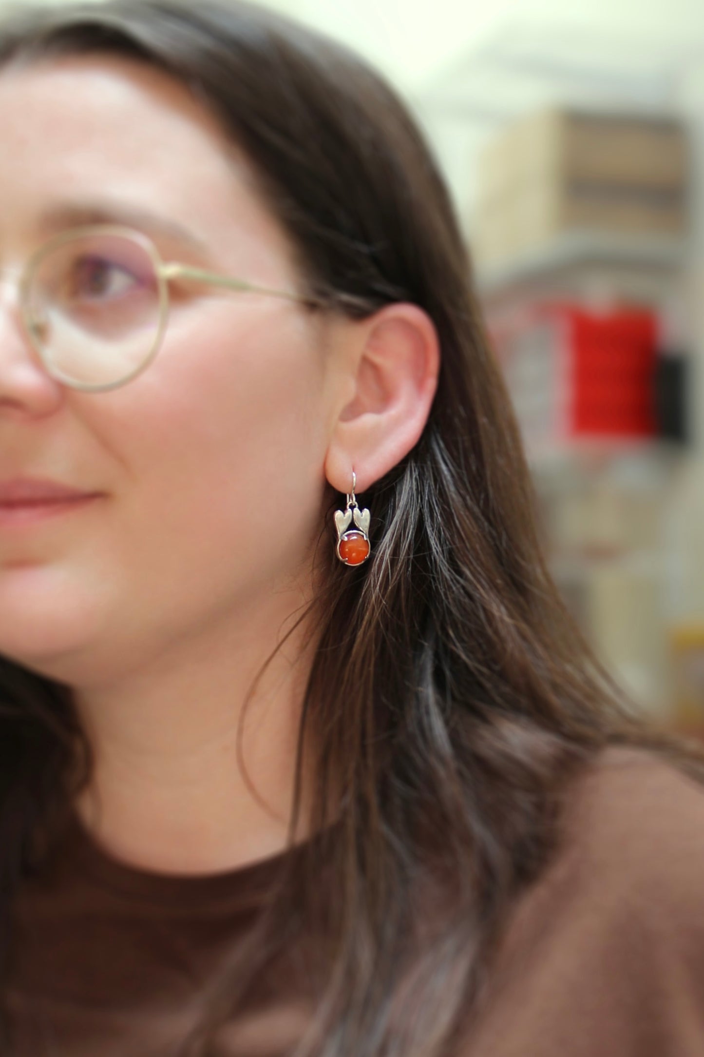 Sterling Silver Connected Hearts Earrings with Prong Set 10mm Carnelian - Love and Friendship Gift