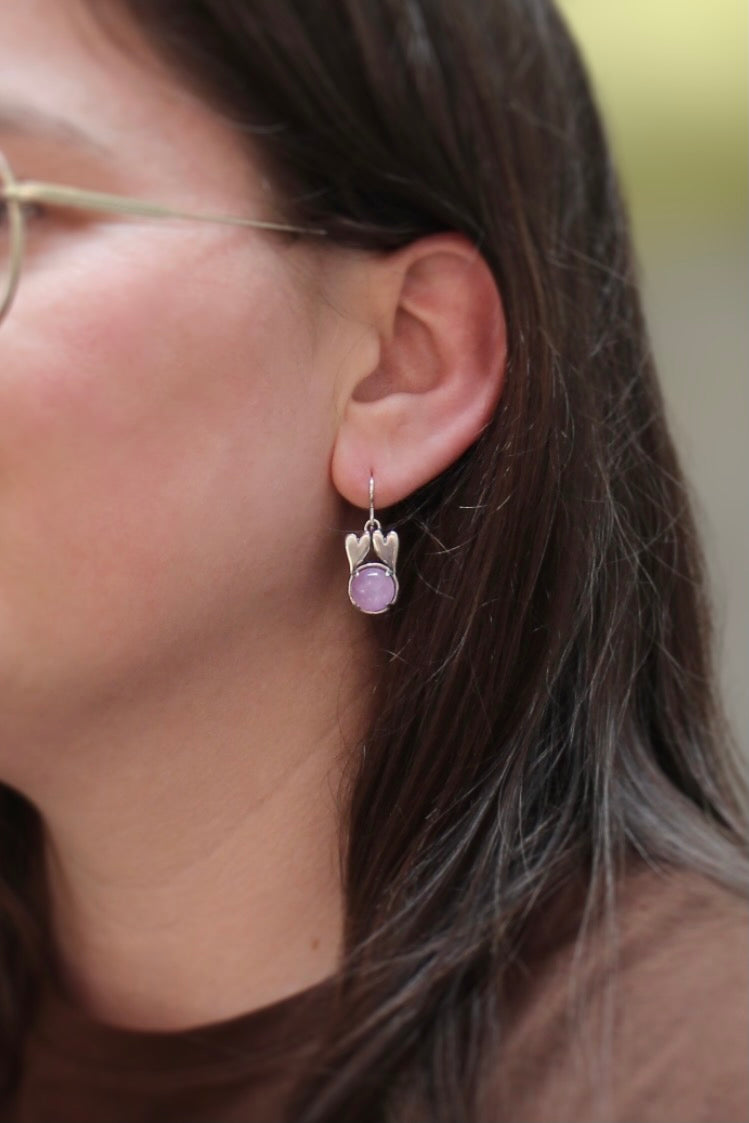 Sterling Silver Connected Hearts Earrings with Prong Set 10mm Kunzite - Love and Friendship Gift