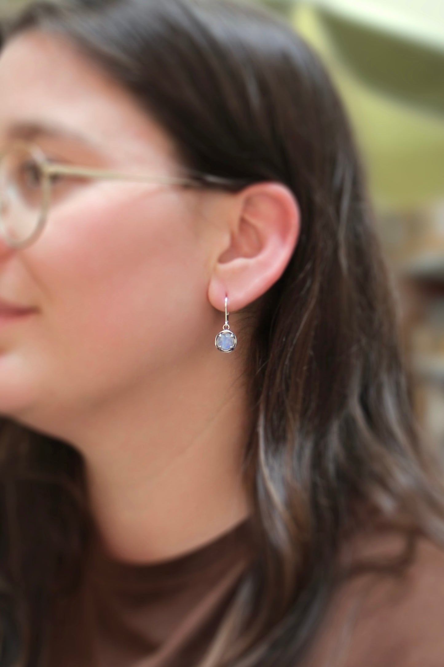 Sterling Silver Rose Cut Rainbow Moonstone Earrings - Prong Set Gemstone Dangle Earrings