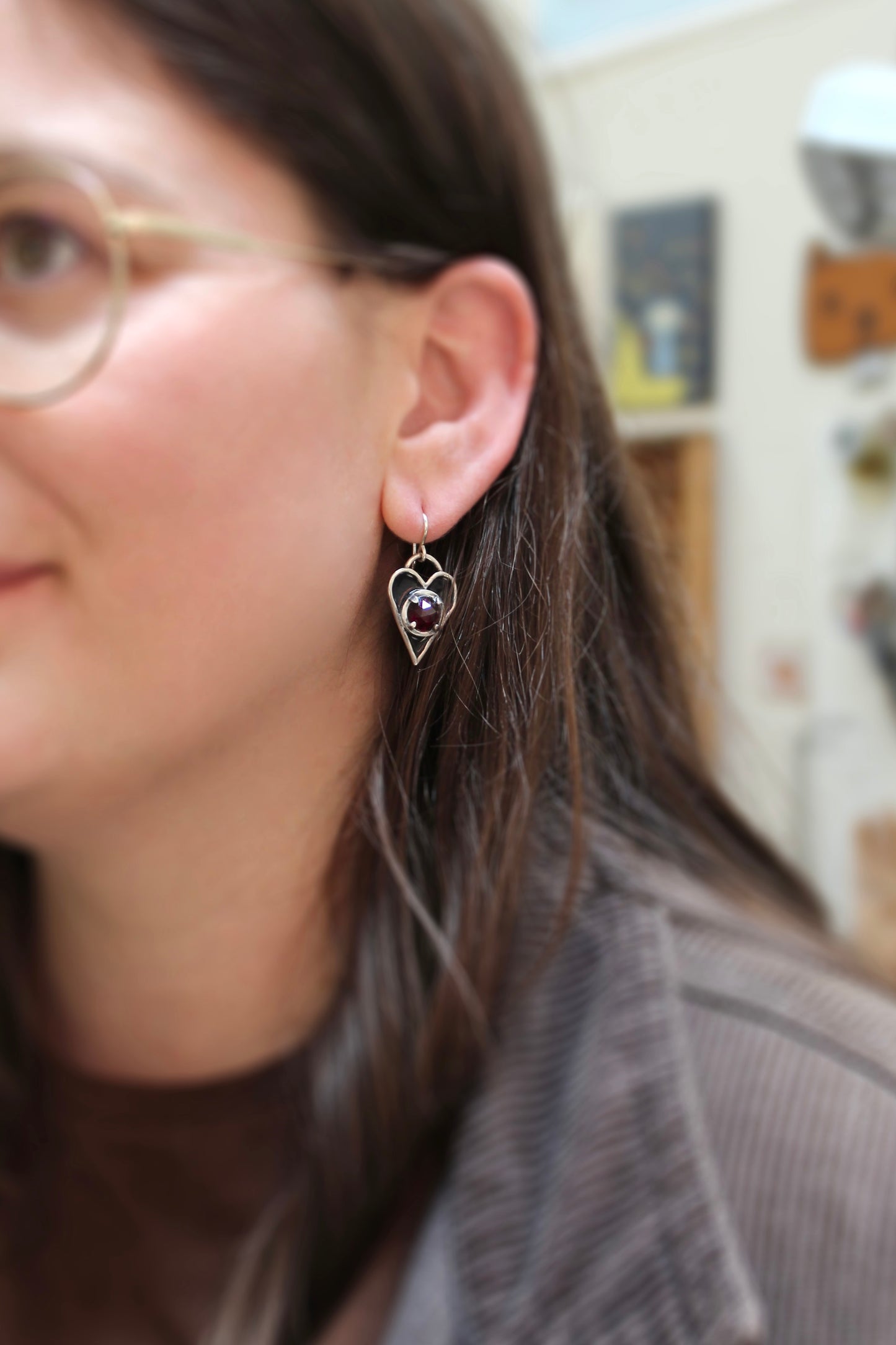 Sterling Silver Black Enamel with Garnet Gemstone Heart Earrings - Dangling Heart Earrings - WhimsiGoth