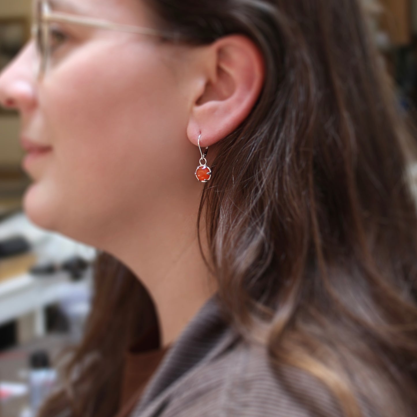 Sterling Silver Orange Carnelian Earrings - Prong Set Gemstone Dangle Earrings