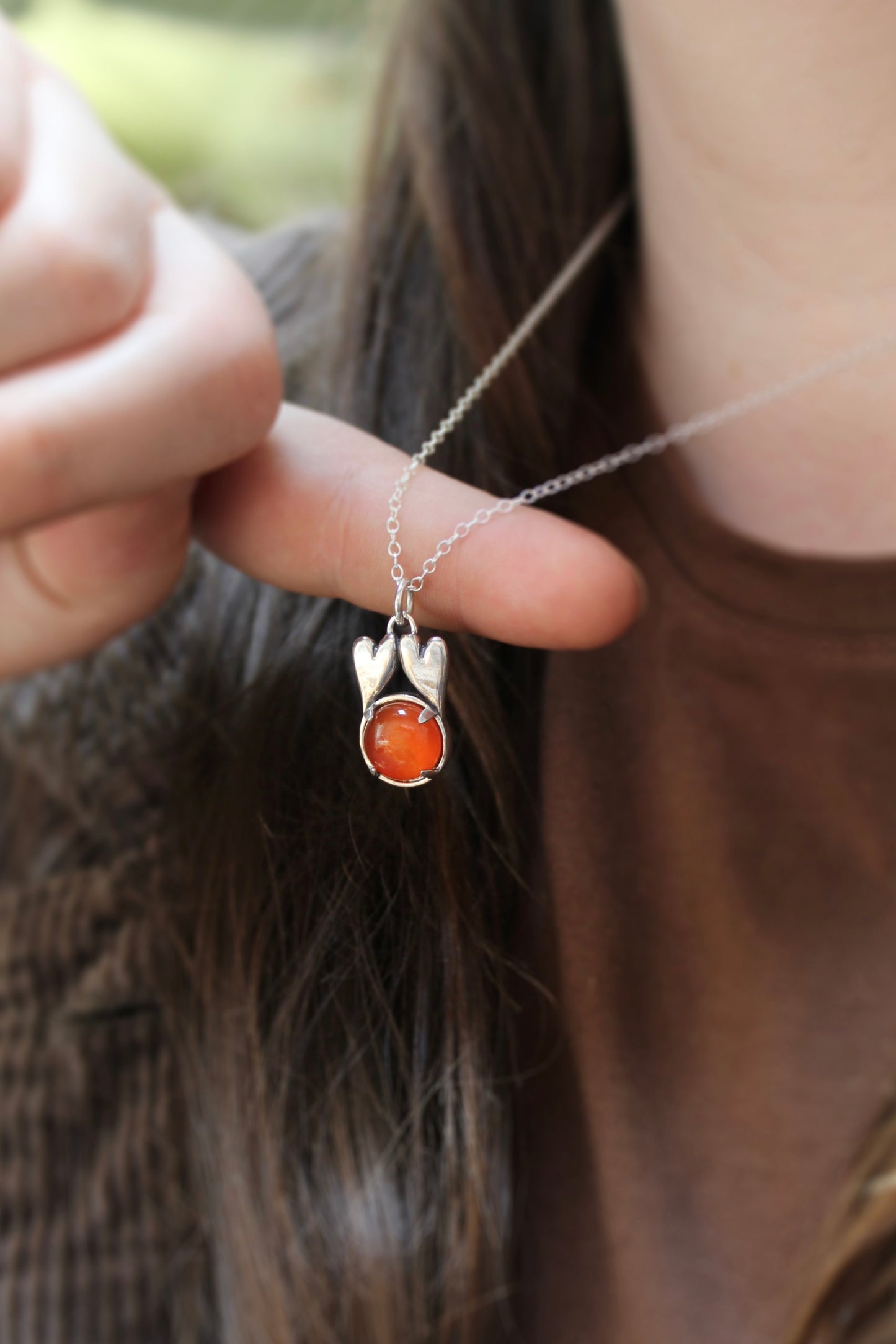 Sterling Silver Connected Hearts Pendant with Prong Set 10mm Carnelian - Love and Friendship Gift