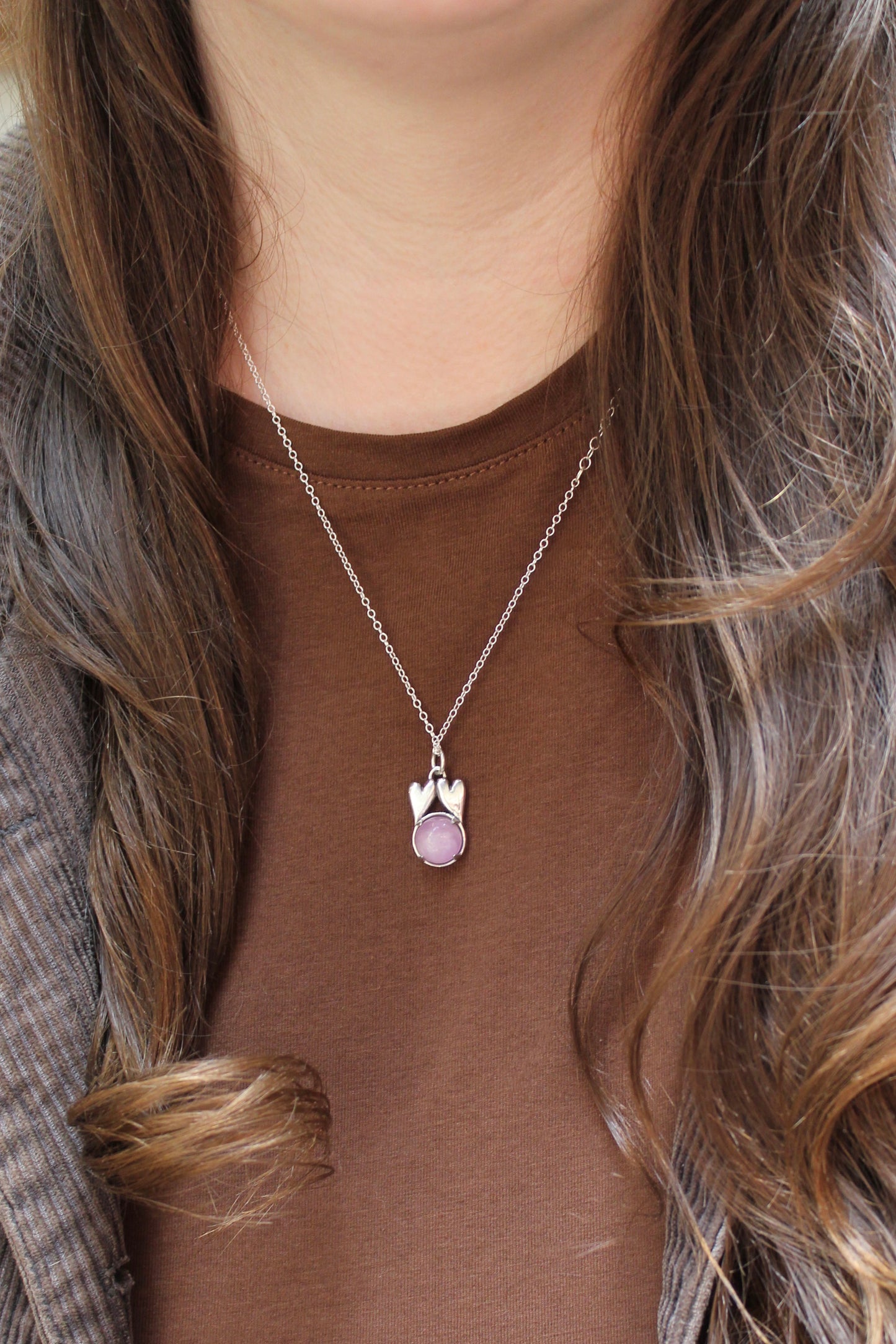 Sterling Silver Connected Hearts Pendant with Prong Set 10mm Kunzite - Love and Friendship Gift