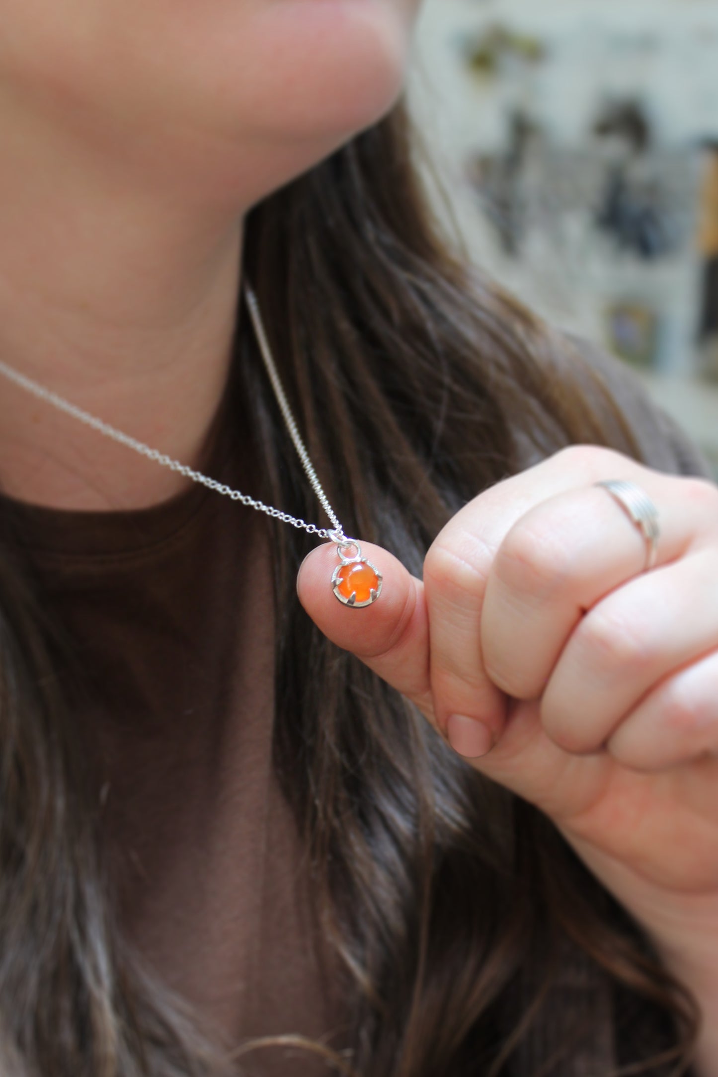 Sterling Silver Carnelian Necklace - Prong Set Gemstone Pendant - Orange jewelry