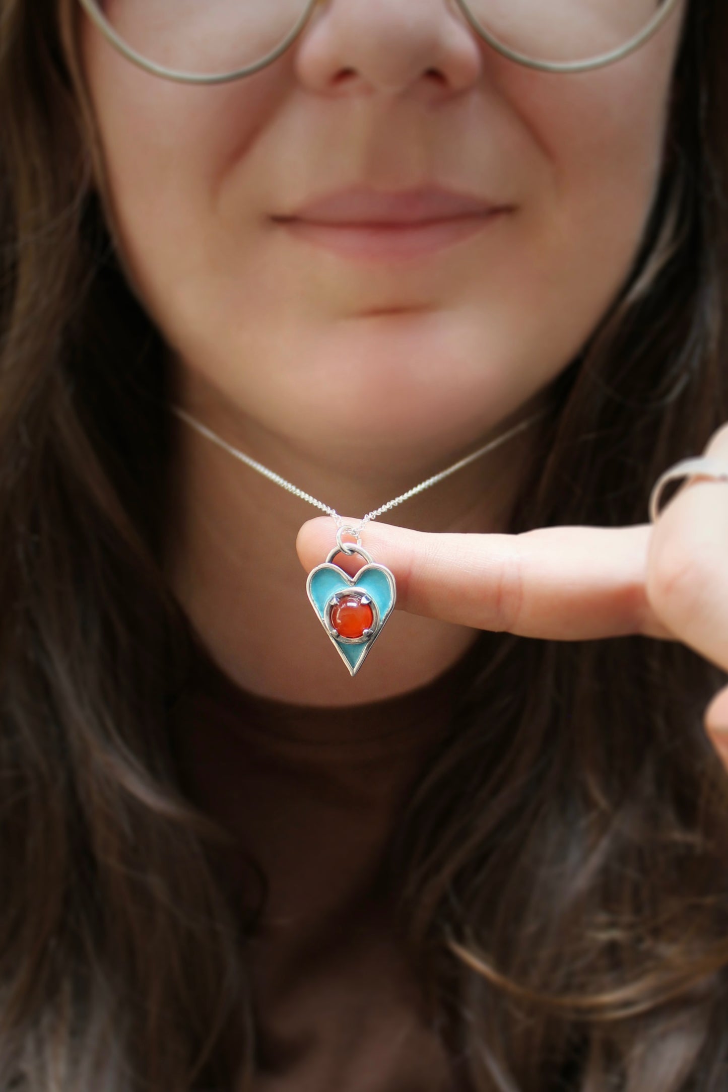Sterling Silver Blue Enamel with Orange Carnelian Gemstone Heart Necklace - Heart Pendant with Prong Set Gemstone