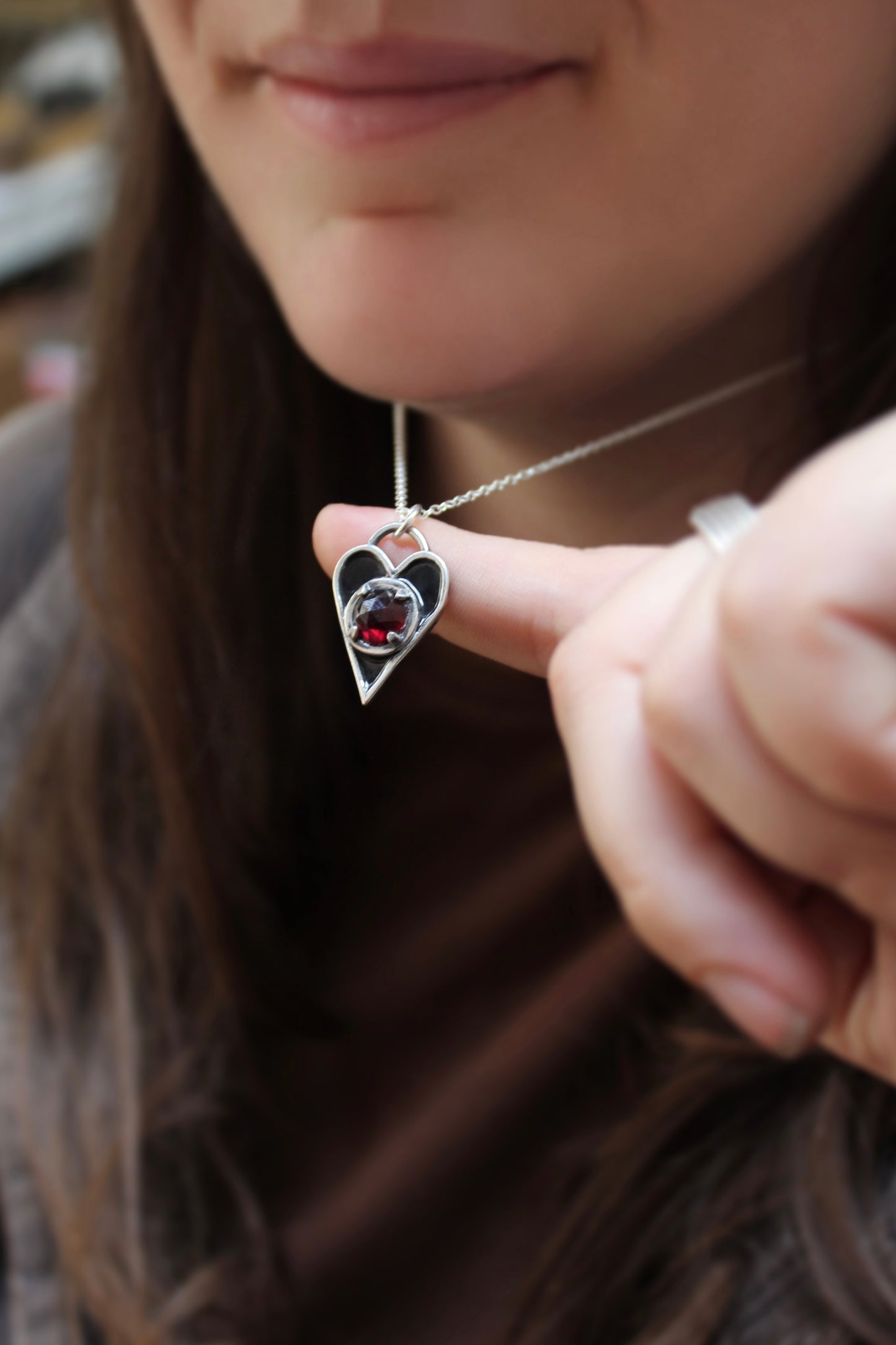 Sterling Silver Black Enamel and Rose Cut Garnet Heart Necklace - Heart Pendant with Prong Set Gemstone Whimsigoth