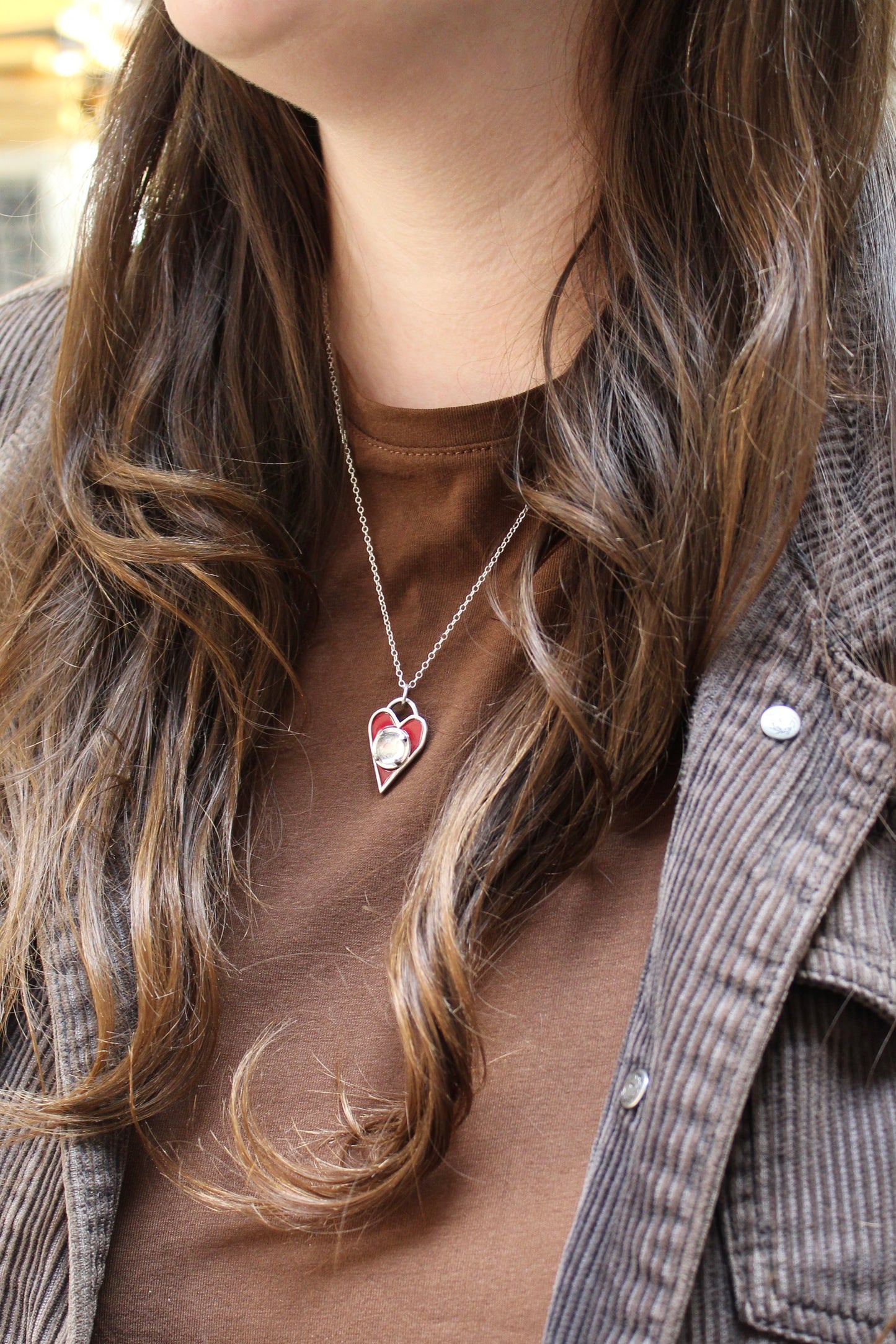 Sterling Silver Red Enamel White Topaz Gemstone Heart Necklace - Heart Pendant with Prong Set Gemstone Whimsigoth