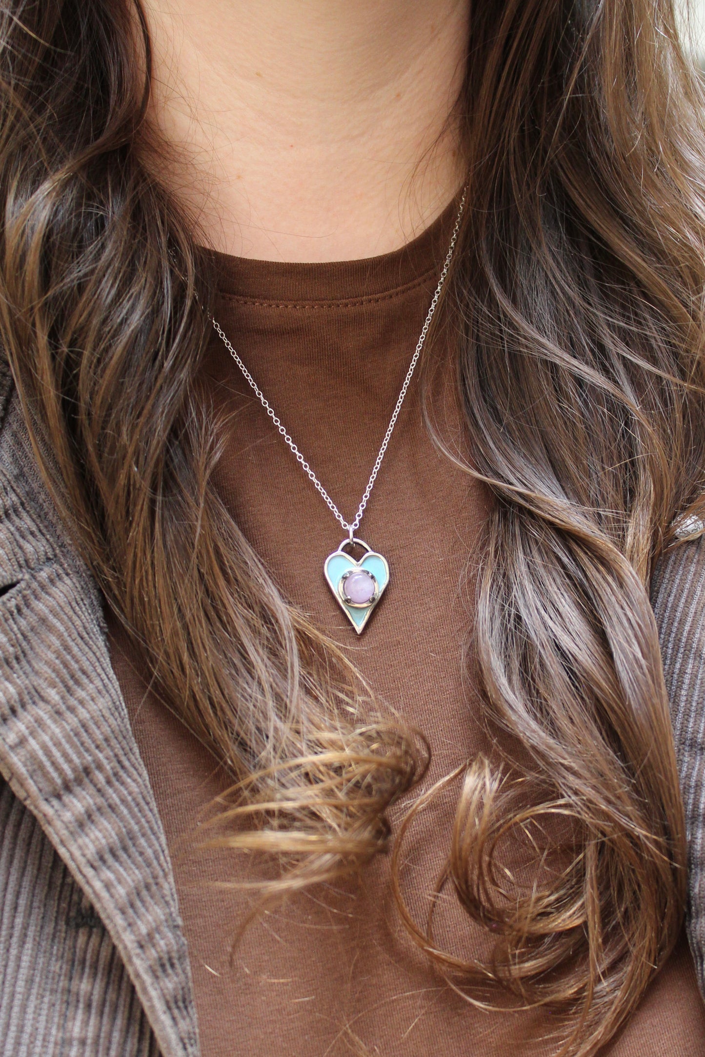 Sterling Silver Blue Enamel with Pink Kunzite Gemstone Heart Necklace - Heart Pendant with Prong Set Gemstone